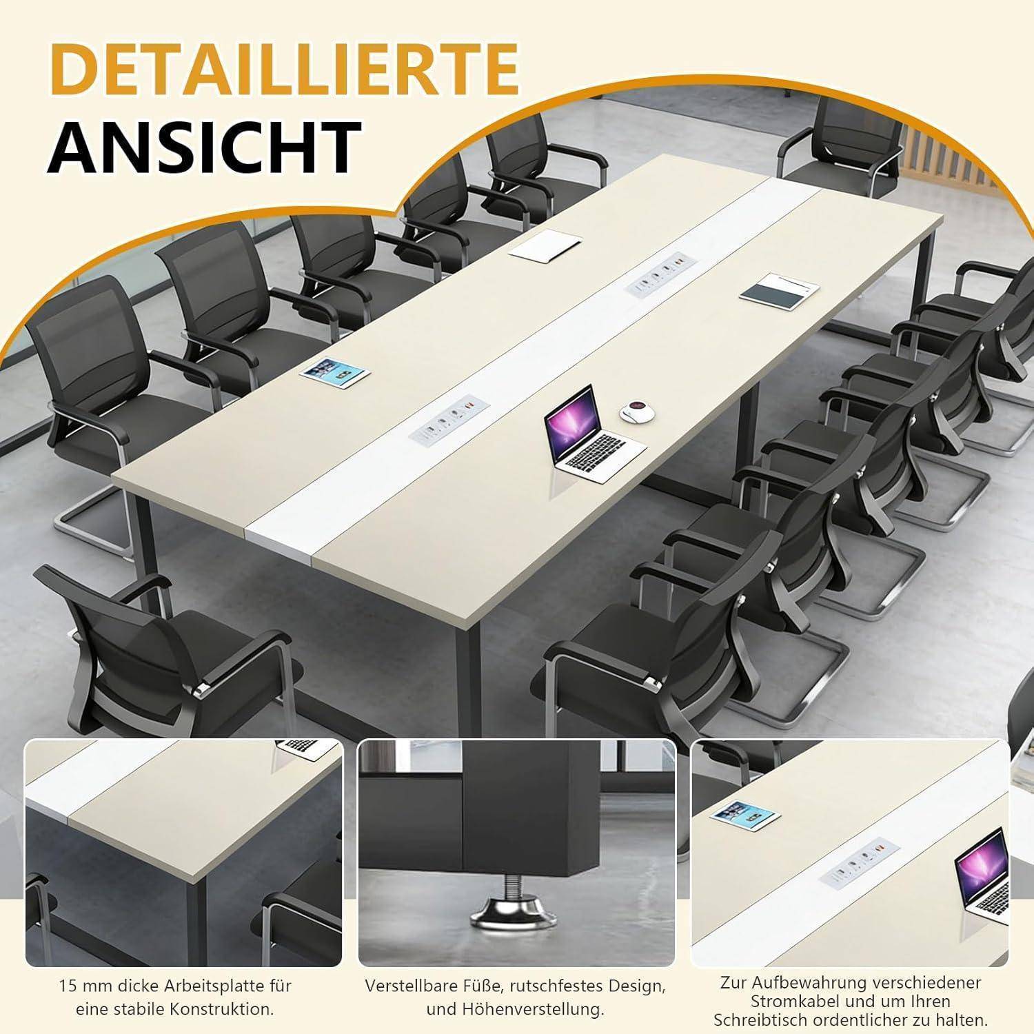 Konferenztisch mit schwarzen Bürostühlen, integrierter Steckdosenleiste und Laptops; eingefügte Nahaufnahmen zeigen 15 mm dicke Tischplatte, verstellbare Füße und Kabelmanagement.