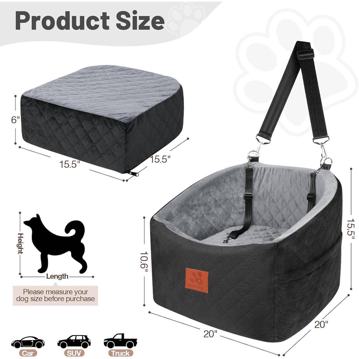 Produktgrößendiagramm zeigt einen Autositz/Booster für Haustiere mit Schultergurten, Maße 20 x 20 x 15,5 Zoll und 10,6 Zoll Innenhöhe; enthält Darstellung der Hundeanpassung und Hinweis, Ihren Hund vor dem Kauf zu messen.