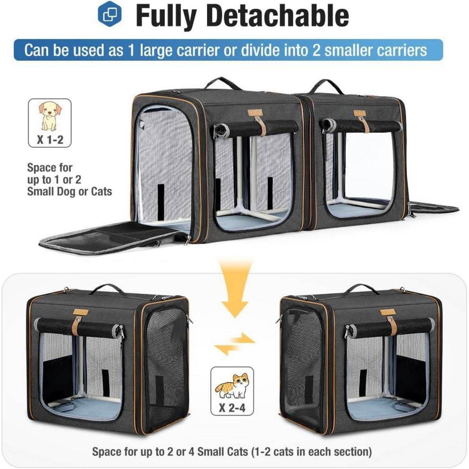 2-in-1 Hundebox Transportbox Katze für Mittelgroßes Haustier, Faltbare Katzentransportbox mit Starker Faserrahmen, Katzentoilette, 2 Schalen, 2 Haus