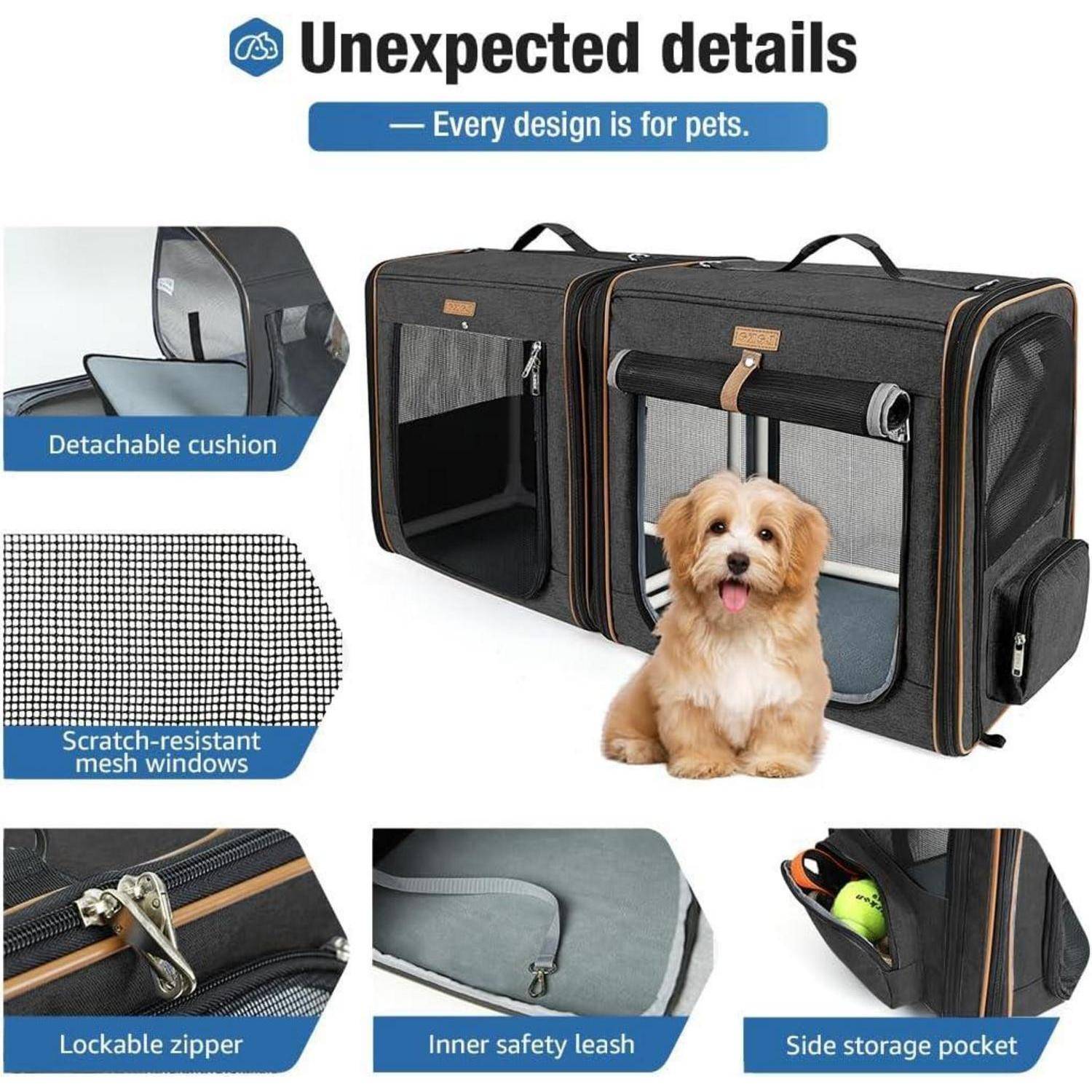 2-in-1 Hundebox Transportbox Katze für Mittelgroßes Haustier, Faltbare Katzentransportbox mit Starker Faserrahmen, Katzentoilette, 2 Schalen, 2 Haus