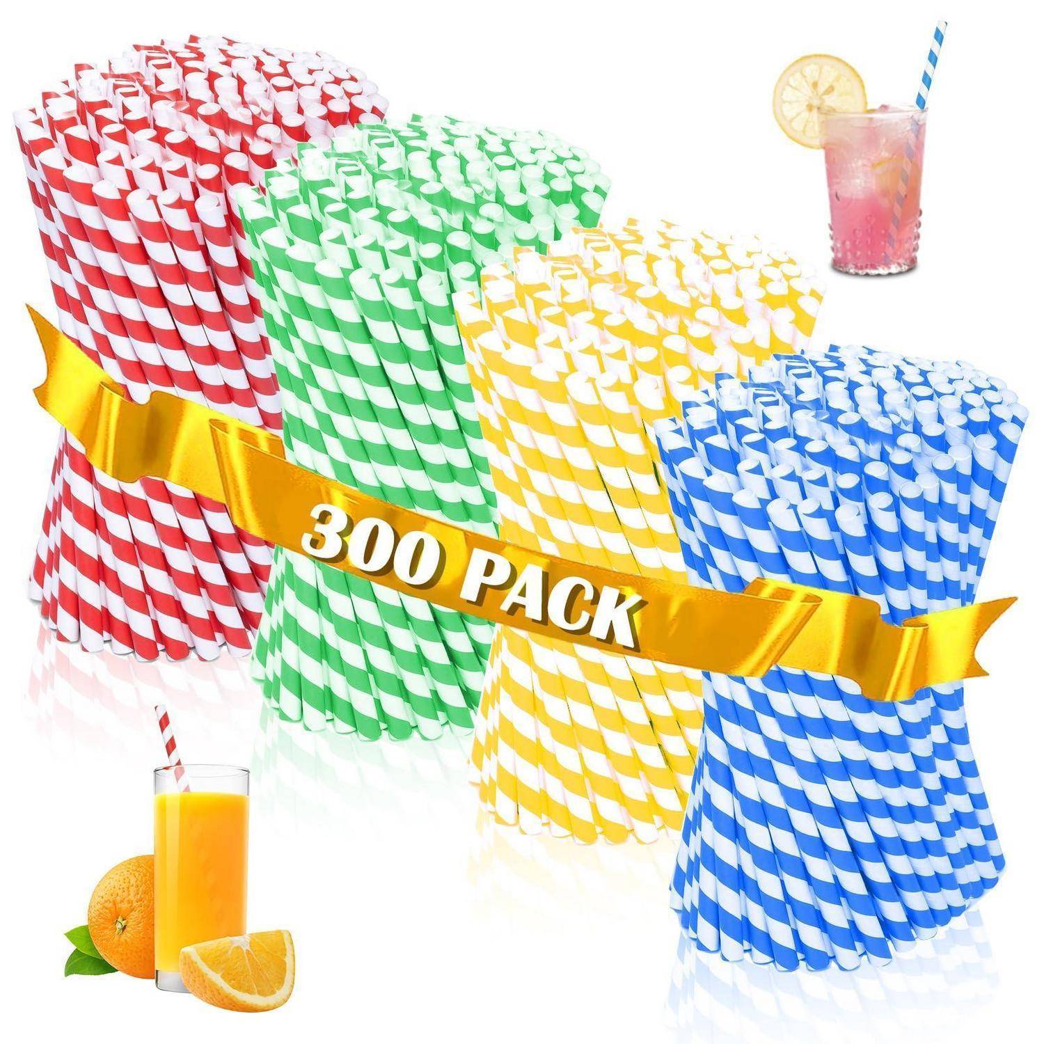 Sortierte gestreifte Papiertrinkhalme in Rot, Grün, Gelb und Blau, mit der Aufschrift „300er PACK