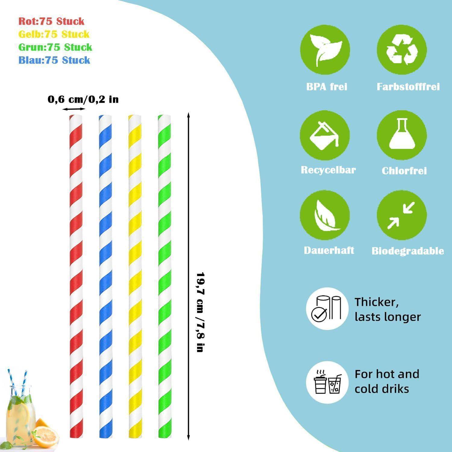 Produktgrafik mit gestreiften Papiertrinkhalmen in Rot, Blau, Gelb und Grün, beschriftet 19,7 cm hoch und 0,6 cm breit, BPA-frei, recycelbar, chlorfrei, langlebig, biologisch abbaubar und für heiße und kalte Getränke geeignet.