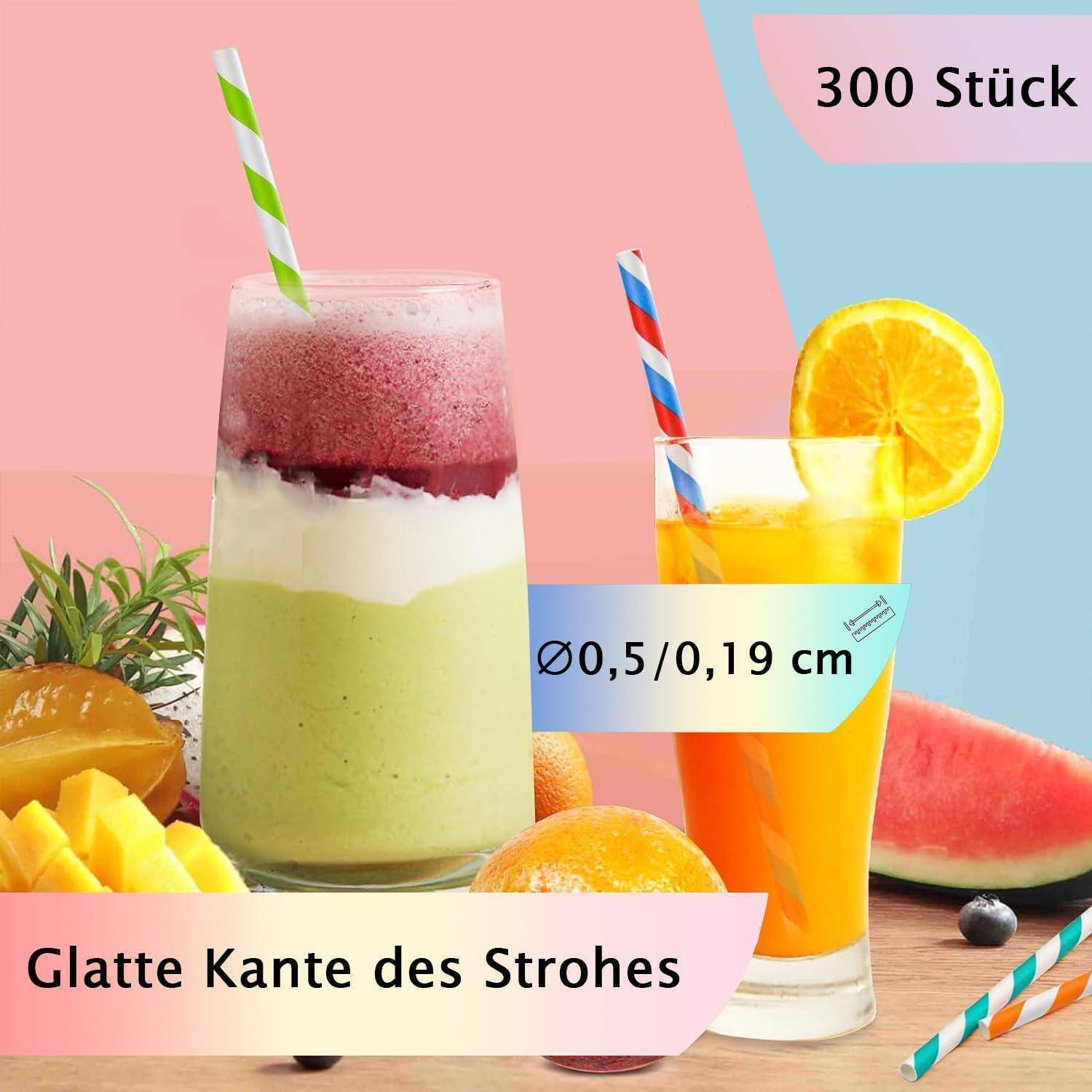 Farbreiches Produktbild von gestreiften Papiertrinkhalmen in Getränken, mit deutschem Text „300 Stück", „Ø0,5/0,19 cm"" und „Glatte Kante des Strohres"".