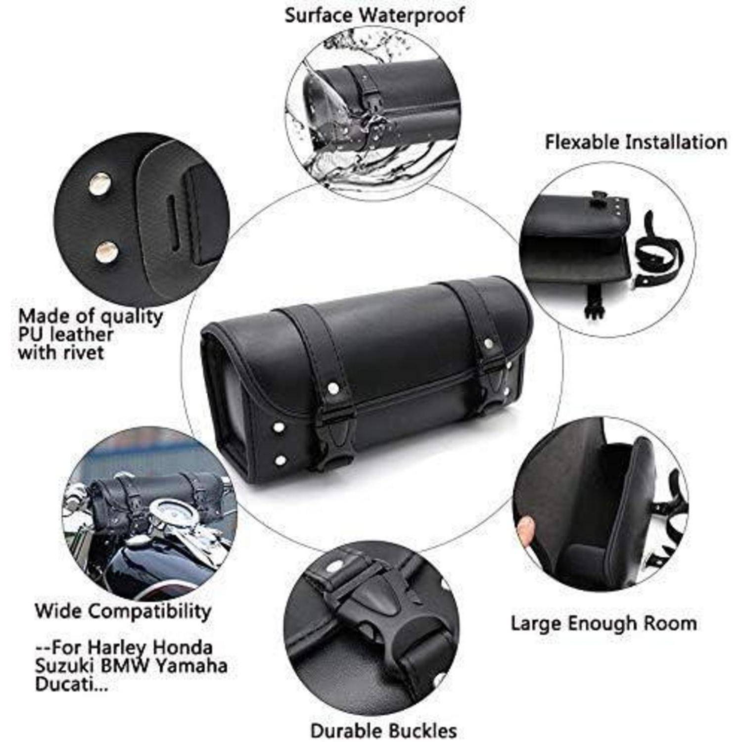 Schwarze PU-Leder-Motorrad-Lenkertasche mit wasserdichter Oberfläche, flexibler Befestigung, langlebigen Verschlüssen, großem Stauraum und breiter Fahrradkompatibilität.