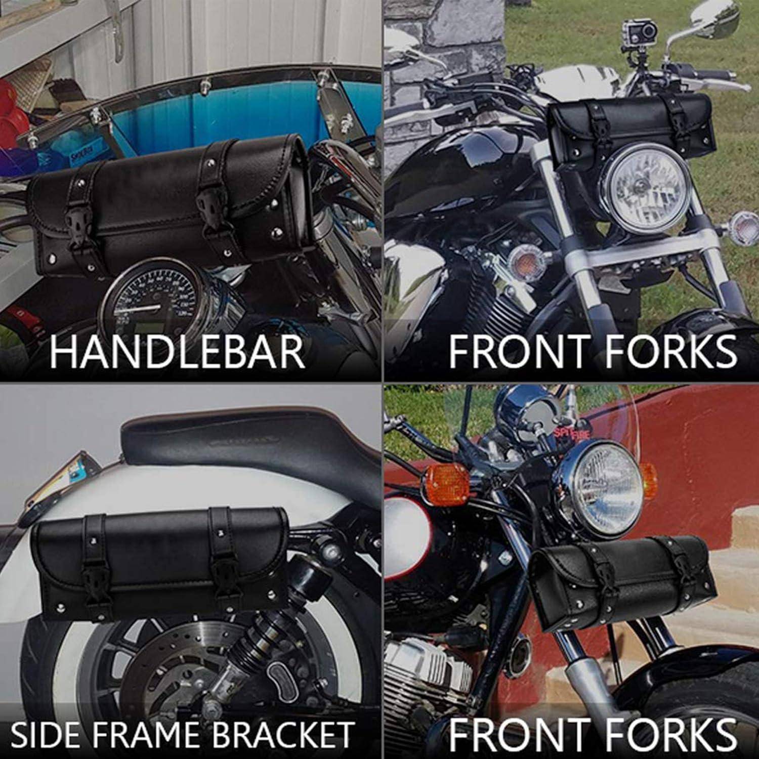 Vier Motorradfotografien zeigen eine schwarze Lederzylindertasche, die an Lenkstangen, Vordergabeln und einer Seitenrahmenbefestigung montiert ist, gekennzeichnet nach Befestigungsposition.