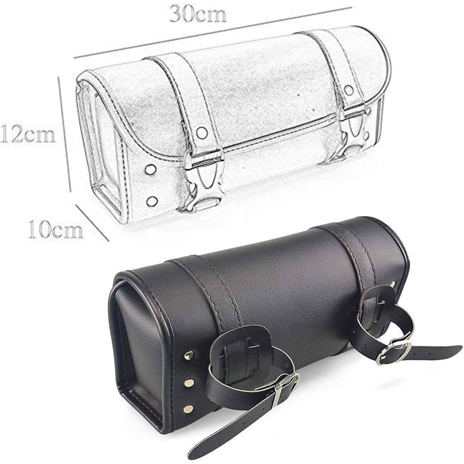 Schwarze Ledermotorrad-Werkzeugtasche mit Größendiagramm dargestellt: 30 cm lang, 12 cm hoch, 10 cm tief.
