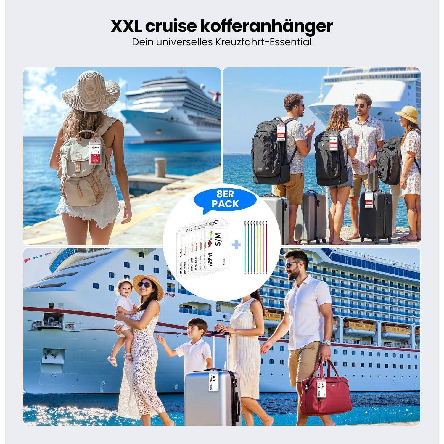Werbecollage für „XXL-Kreuzfahrt-Gepäckaufhänger" mit Reisenden mit Rucksäcken und Koffern auf Kreuzfahrtschiffen sowie einem „8ER PACK""-Produktpaket in der Mitte.