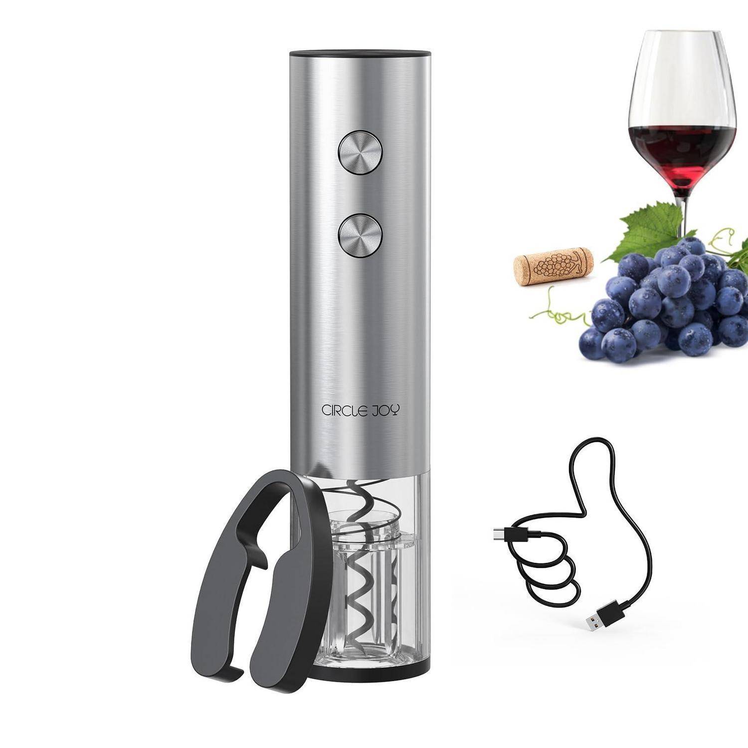 Elektrischer Weinöffner mit Korkenzieher, Ladegerät, Flaschenöffner und Wein, Kork sowie Trauben daneben abgebildet.