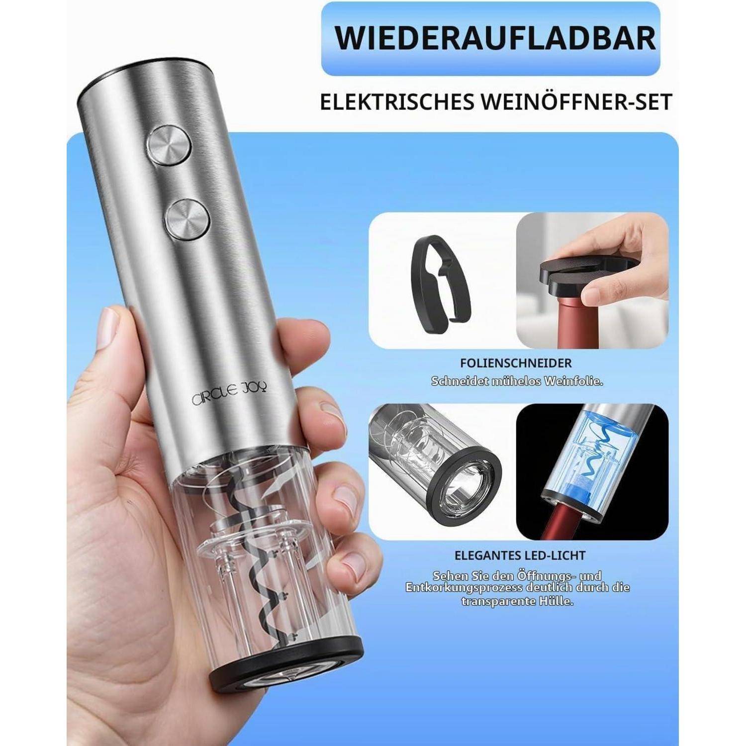 Wiederaufladbarer elektrischer Korkenzieher mit Folienschneider und eingebautem blauem LED-Korkenzieher, in der Hand vor blauem Hintergrund gezeigt.