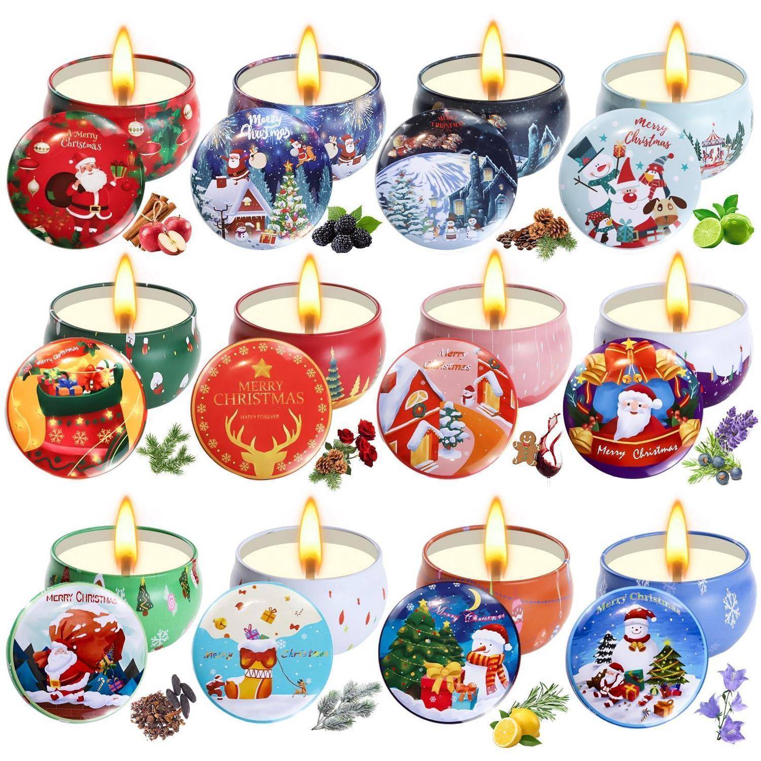 Collage von weihnachtsthematischen Duftkerzen in dekorativen Dosen, jede mit einer brennenden Flamme und festlichen Feiertagsillustrationen wie dem Weihnachtsmann, Rentieren, Schneemännern und Bäumen.