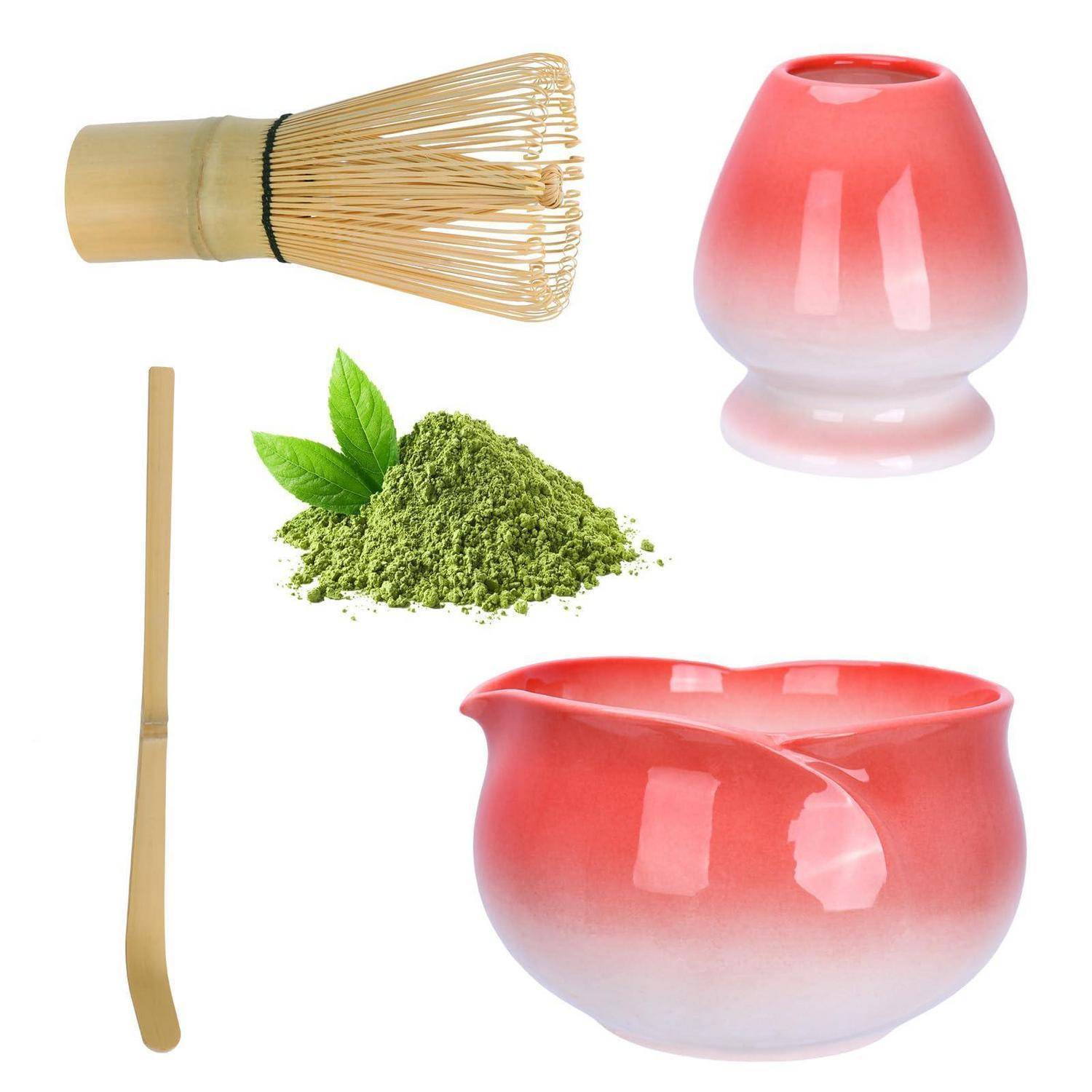 Matcha Set, Matcha-Set Rot, Blütenblattform Matcha-Schüssel mit Ausgießer, Matcha-Rührer und Ständer, Matcha-Löffel, 4-teiliges Matcha Tee Set P