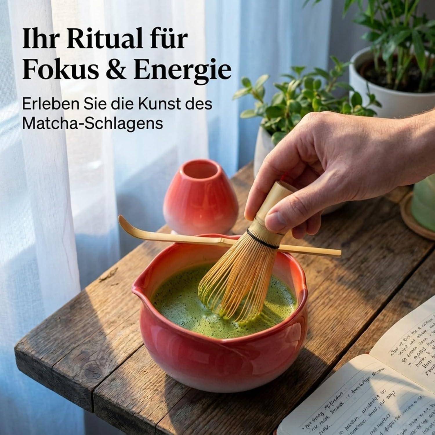 Matcha Set, Matcha-Set Rot, Blütenblattform Matcha-Schüssel mit Ausgießer, Matcha-Rührer und Ständer, Matcha-Löffel, 4-teiliges Matcha Tee Set P