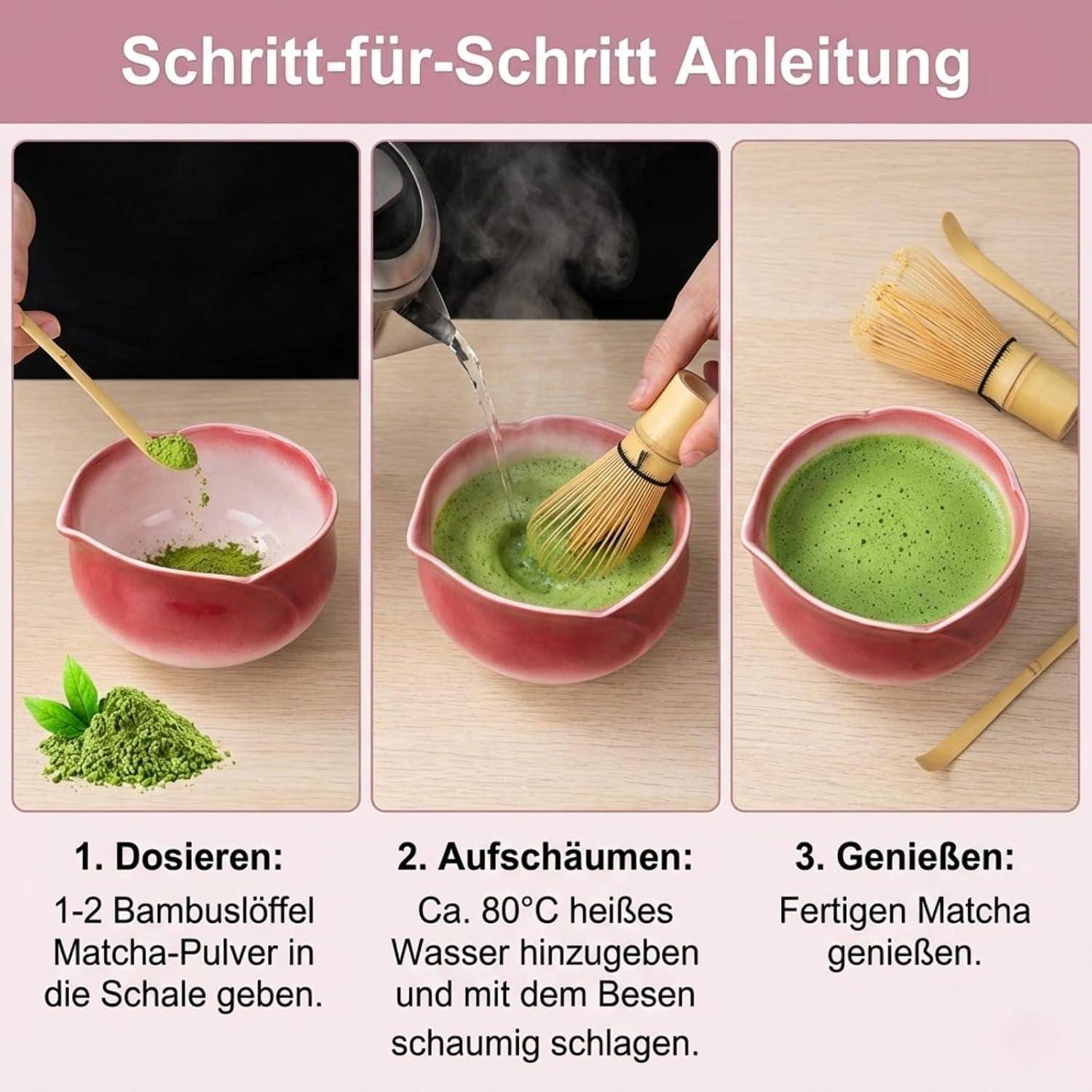 Matcha Set, Matcha-Set Rot, Blütenblattform Matcha-Schüssel mit Ausgießer, Matcha-Rührer und Ständer, Matcha-Löffel, 4-teiliges Matcha Tee Set P