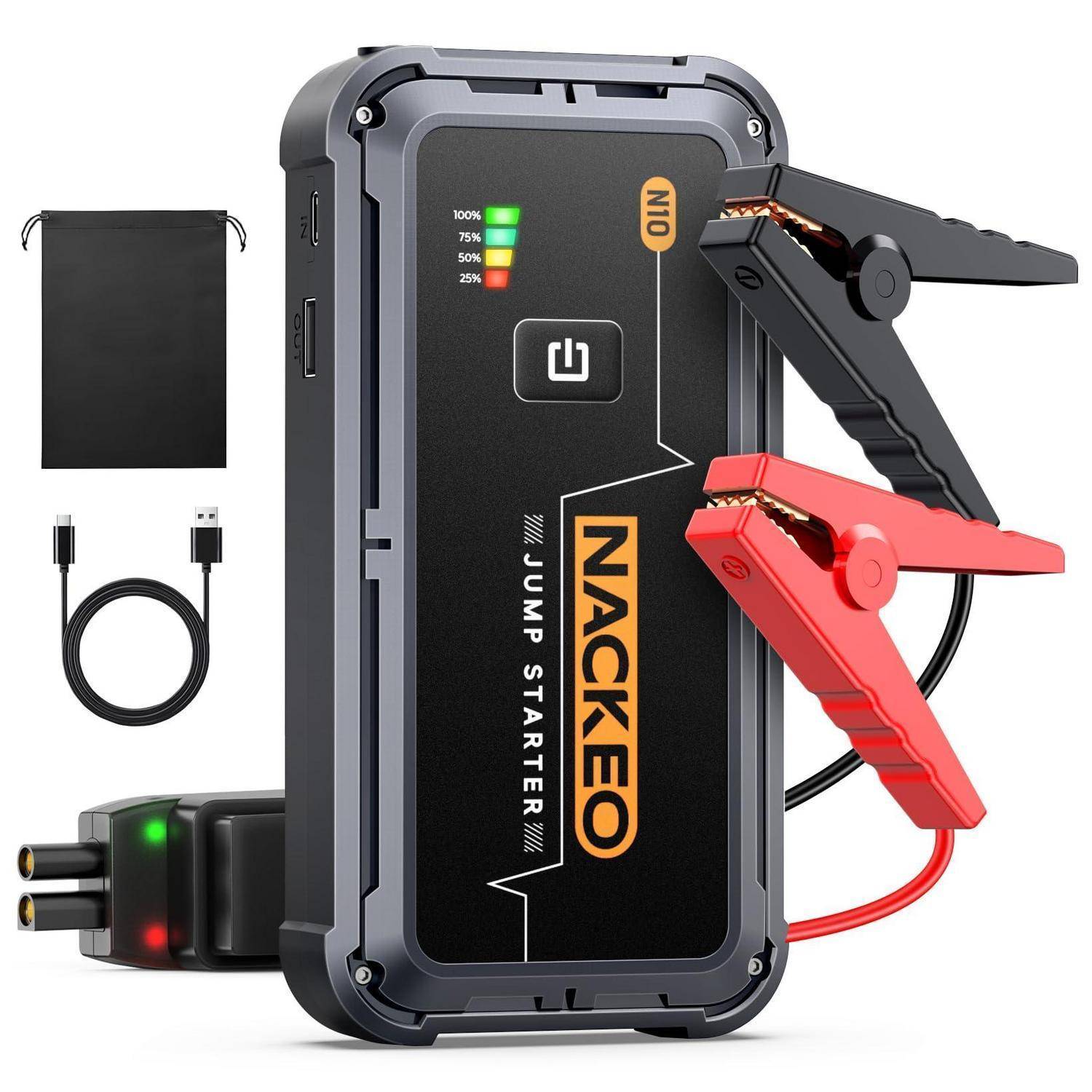 Tragbares NEXO-Starthilfegerät mit LED-Ladeanzeige, Ein-/Ausschalter, Überbrückungsklemmen, USB-Kabel, Aufbewahrungstasche und Ladegerät.