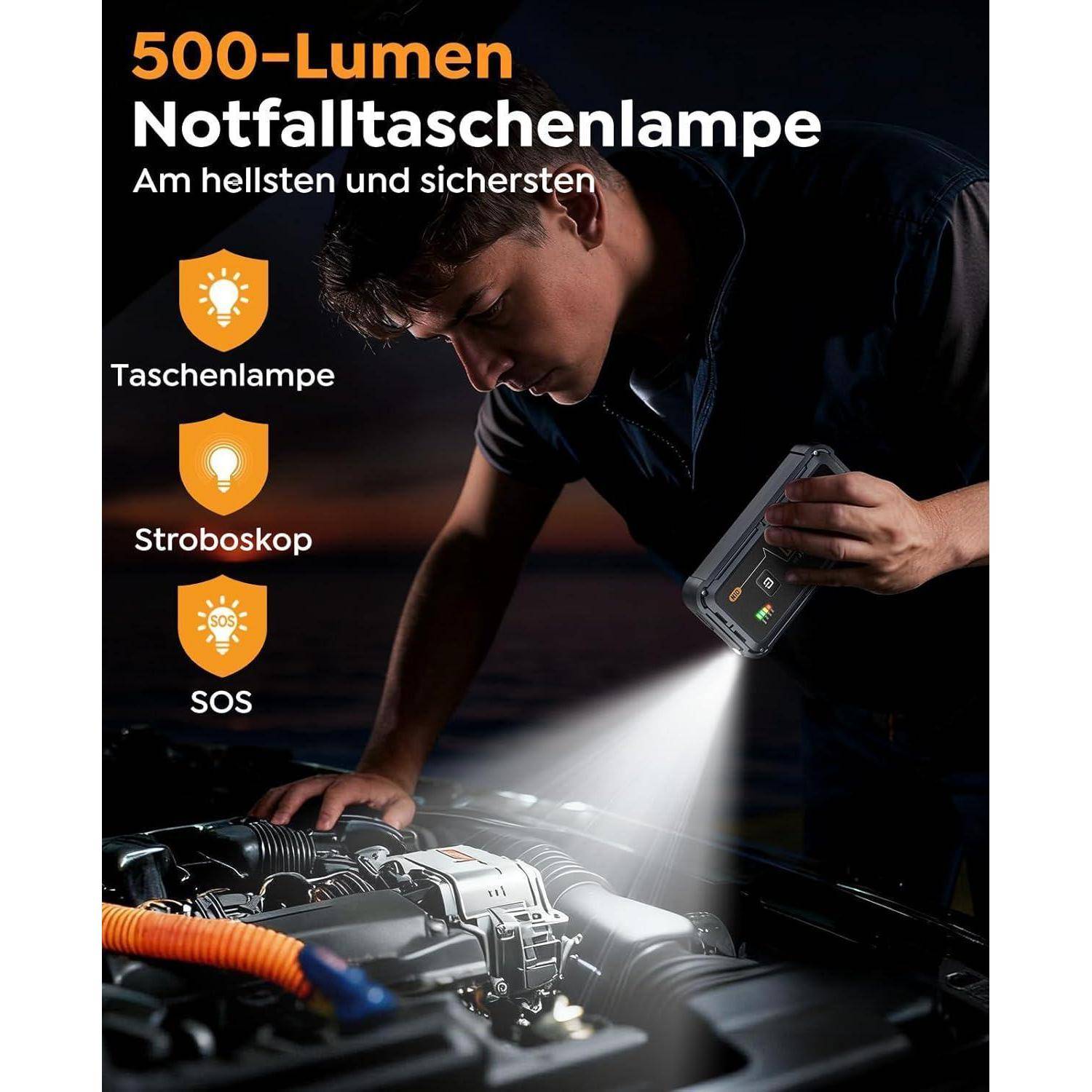 5000A Starthilfe Powerbank für PKW, 12V tragbarer Batterie Booster (bis zu 9L Benzin und 8.5L Diesel) mit Starthilfekabel & 500 LUM LED-Licht, Auto