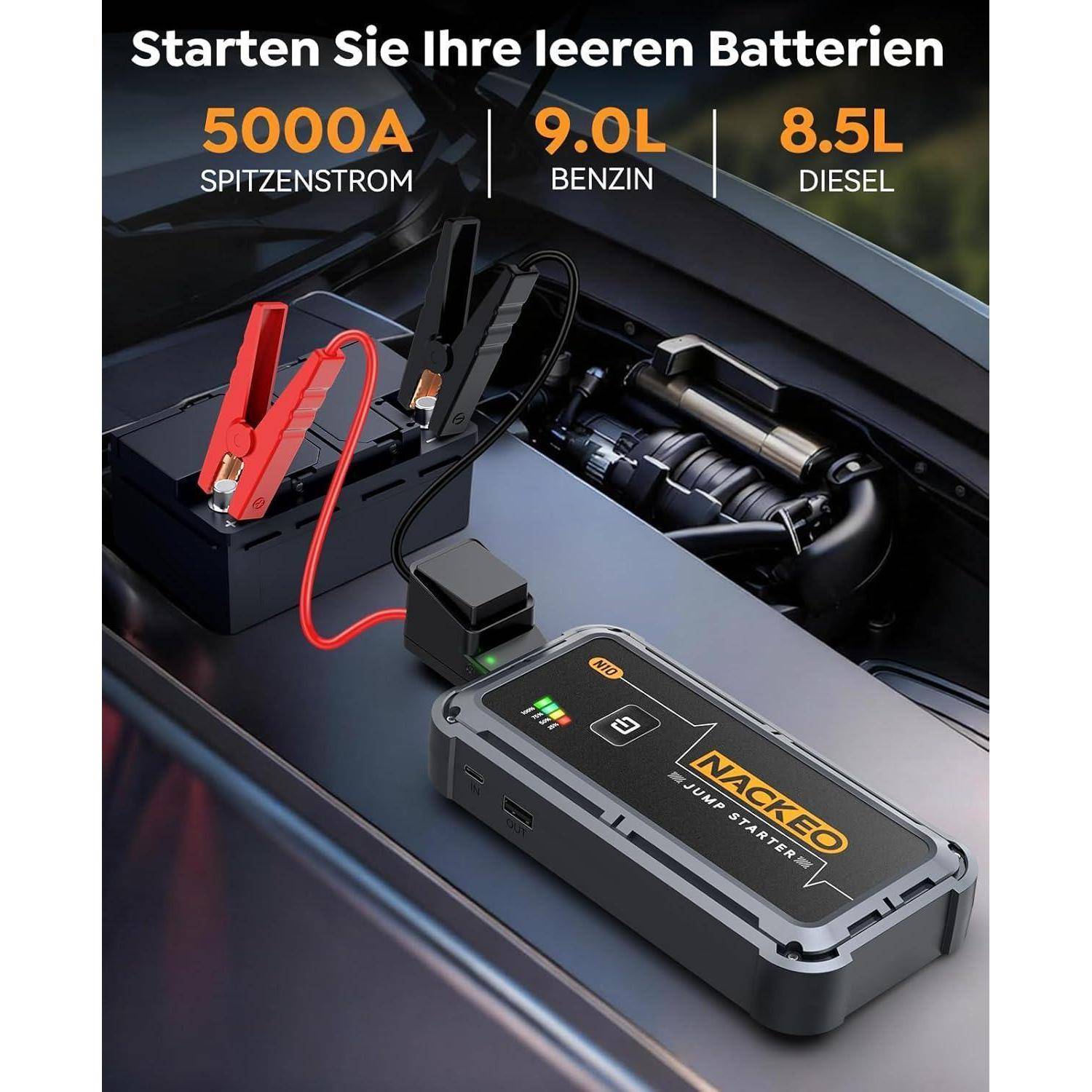5000A Starthilfe Powerbank für PKW, 12V tragbarer Batterie Booster (bis zu 9L Benzin und 8.5L Diesel) mit Starthilfekabel & 500 LUM LED-Licht, Auto