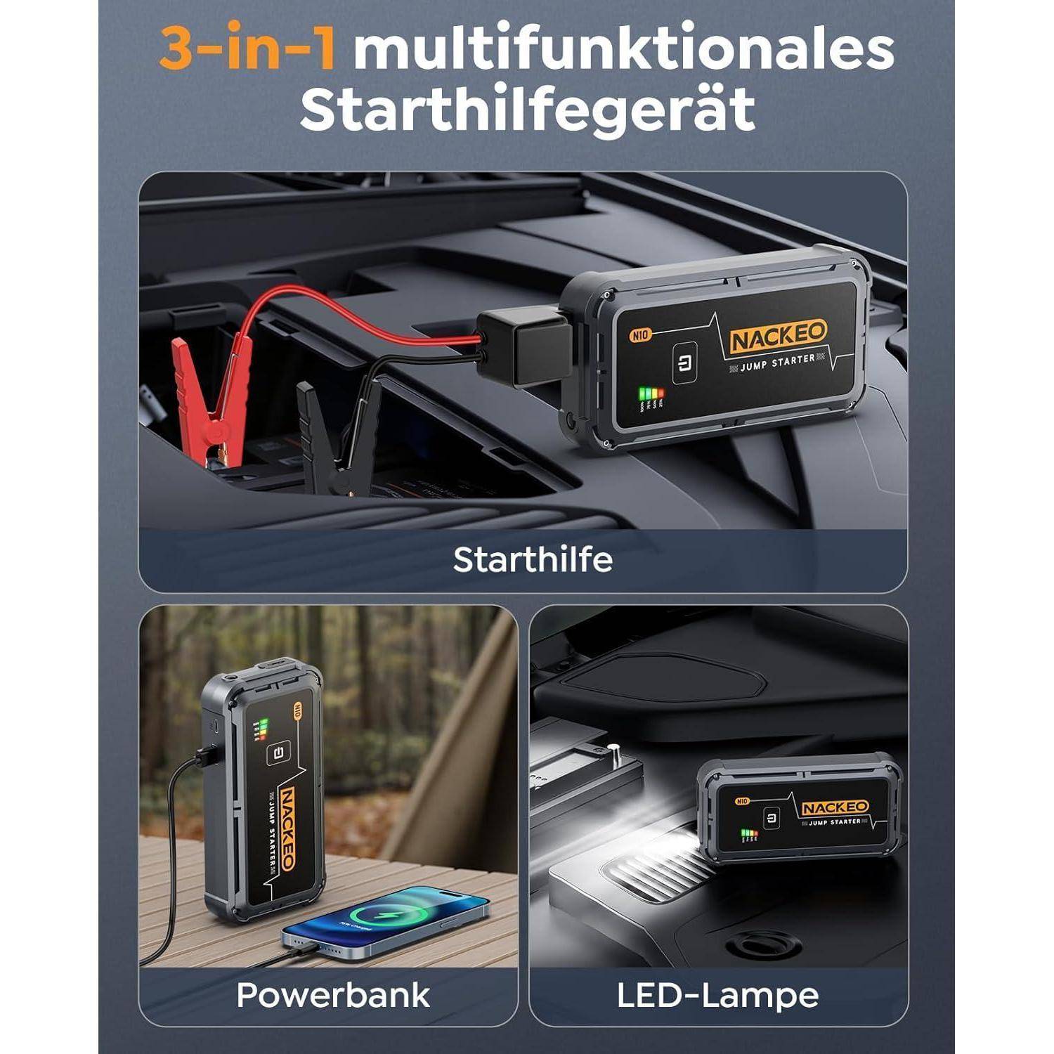 5000A Starthilfe Powerbank für PKW, 12V tragbarer Batterie Booster (bis zu 9L Benzin und 8.5L Diesel) mit Starthilfekabel & 500 LUM LED-Licht, Auto