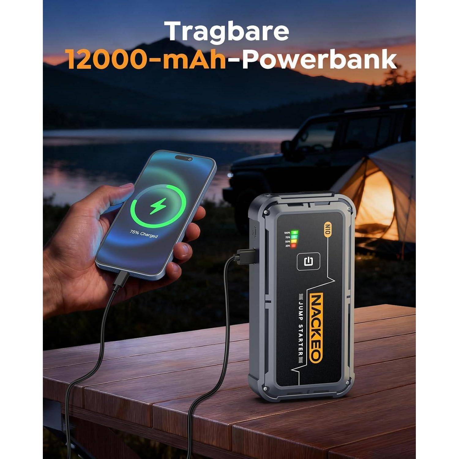 5000A Starthilfe Powerbank für PKW, 12V tragbarer Batterie Booster (bis zu 9L Benzin und 8.5L Diesel) mit Starthilfekabel & 500 LUM LED-Licht, Auto