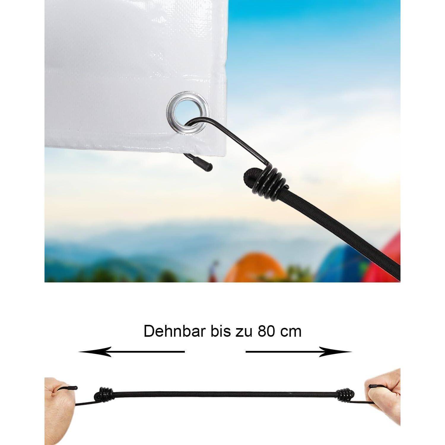 Elastisches Bungee-Seil mit angebrachten Haken an einer Banneröse; Text besagt „Dehnbar bis zu 80 cm