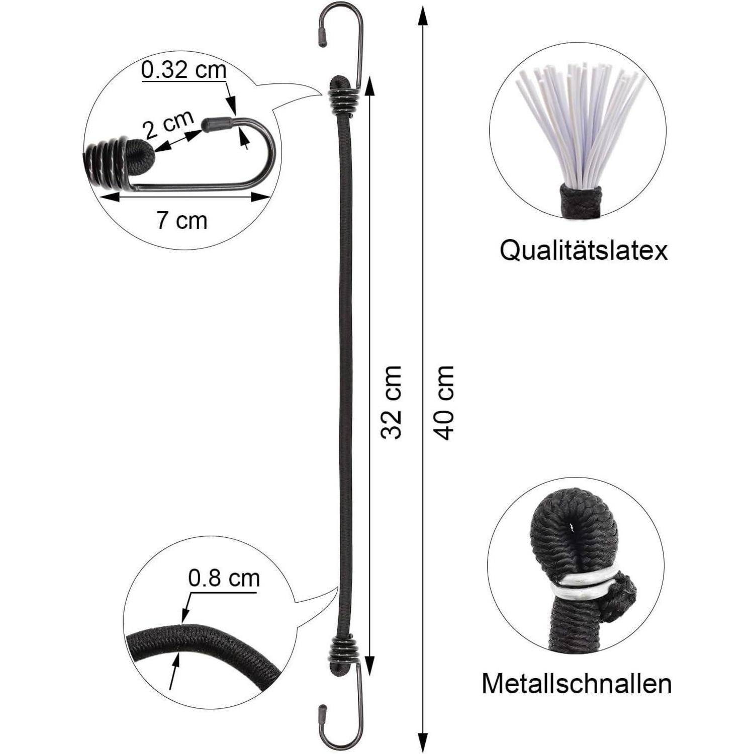 Produktdiagramm eines schwarzen Bungee-Seils mit Metallhaken, das Abmessungen zeigt: 40 cm Gesamtlänge, 32 cm Seilänge, 7 cm Hakenschneide, und Nahaufnahmen mit den Bezeichnungen „Qualitätslatex
