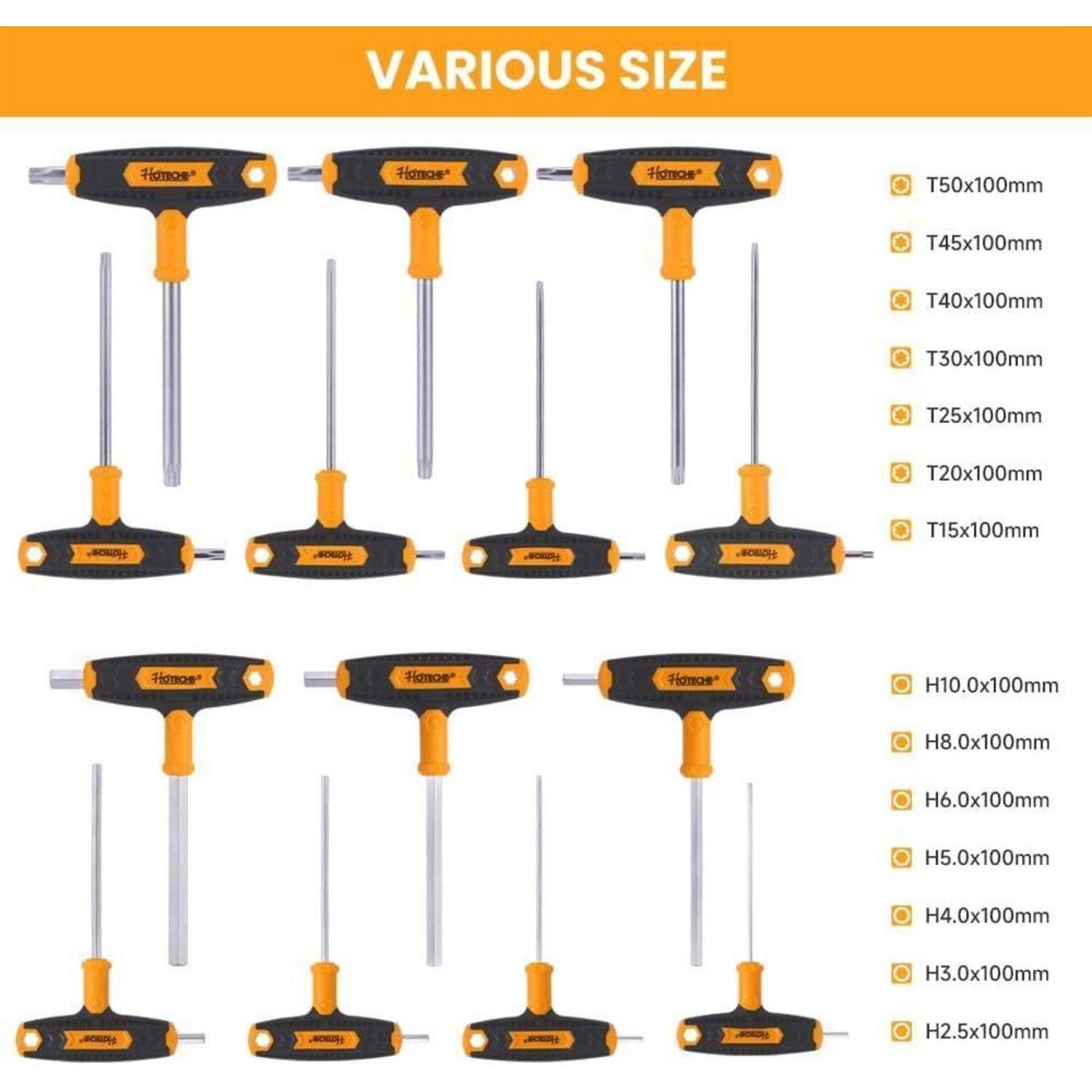 Hoteche 14-teiliges Sechskantschlüsselset (Metric&amp;Torx) T-Griff CRV schlüssel Set Multi-size langes Sechskantschlüsselset mit wandmontierter Aufbew