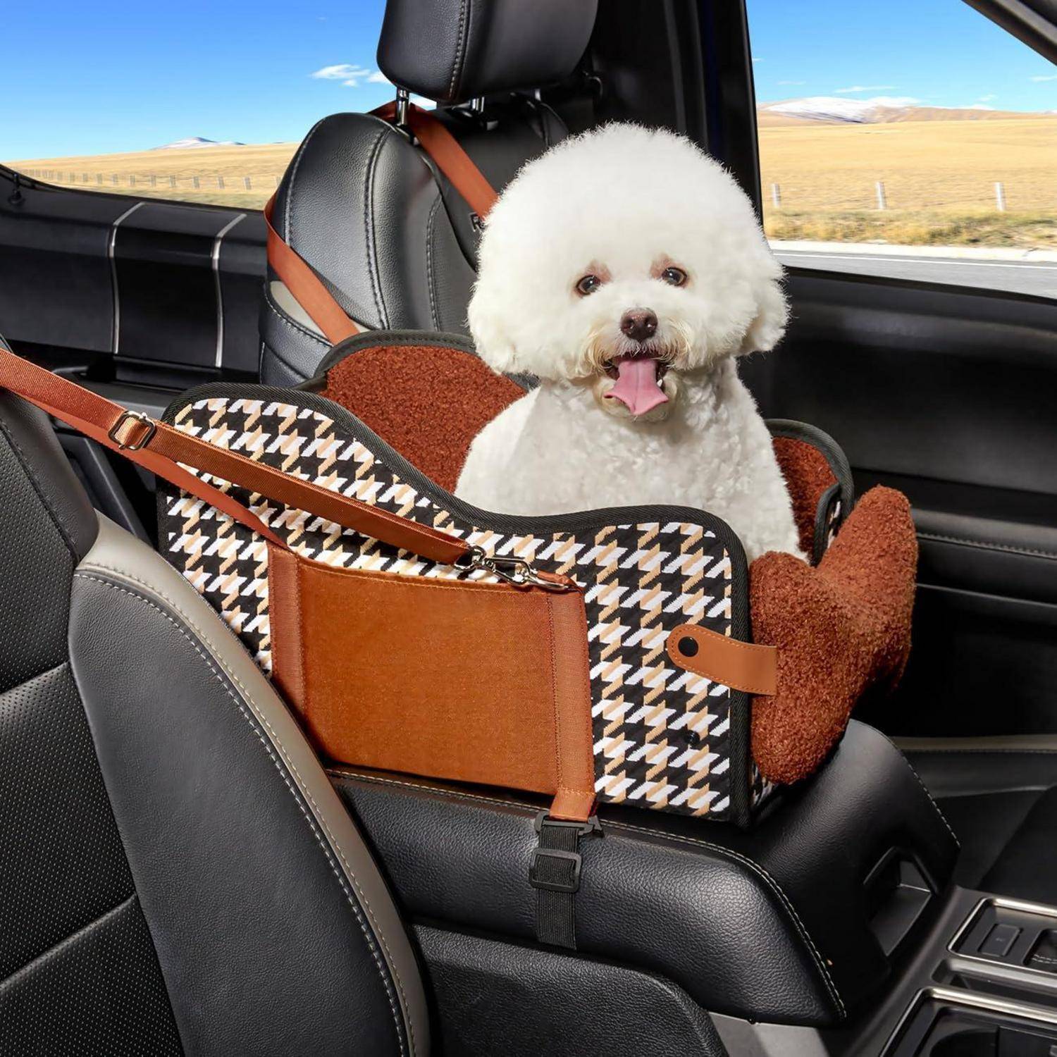 Kleiner weißer fluffiger Hund sitzt in einer gemusterten Autositzträger auf einem Fahrzeugsitz, mit herausgestreckter Zunge während einer Fahrt.