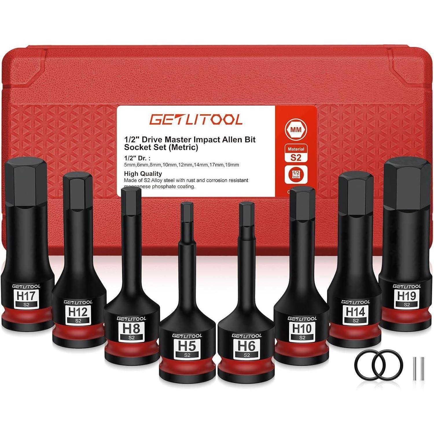 Rotes Kunststoffgehäuse mit GETLITOOL 1/2-Zoll-metrischem Schlagschrauber-Innensechskant-Steckschlüsselsatz, acht schwarze Bits mit den Bezeichnungen H5-H19, plus zwei O-Ringe und Stifte.