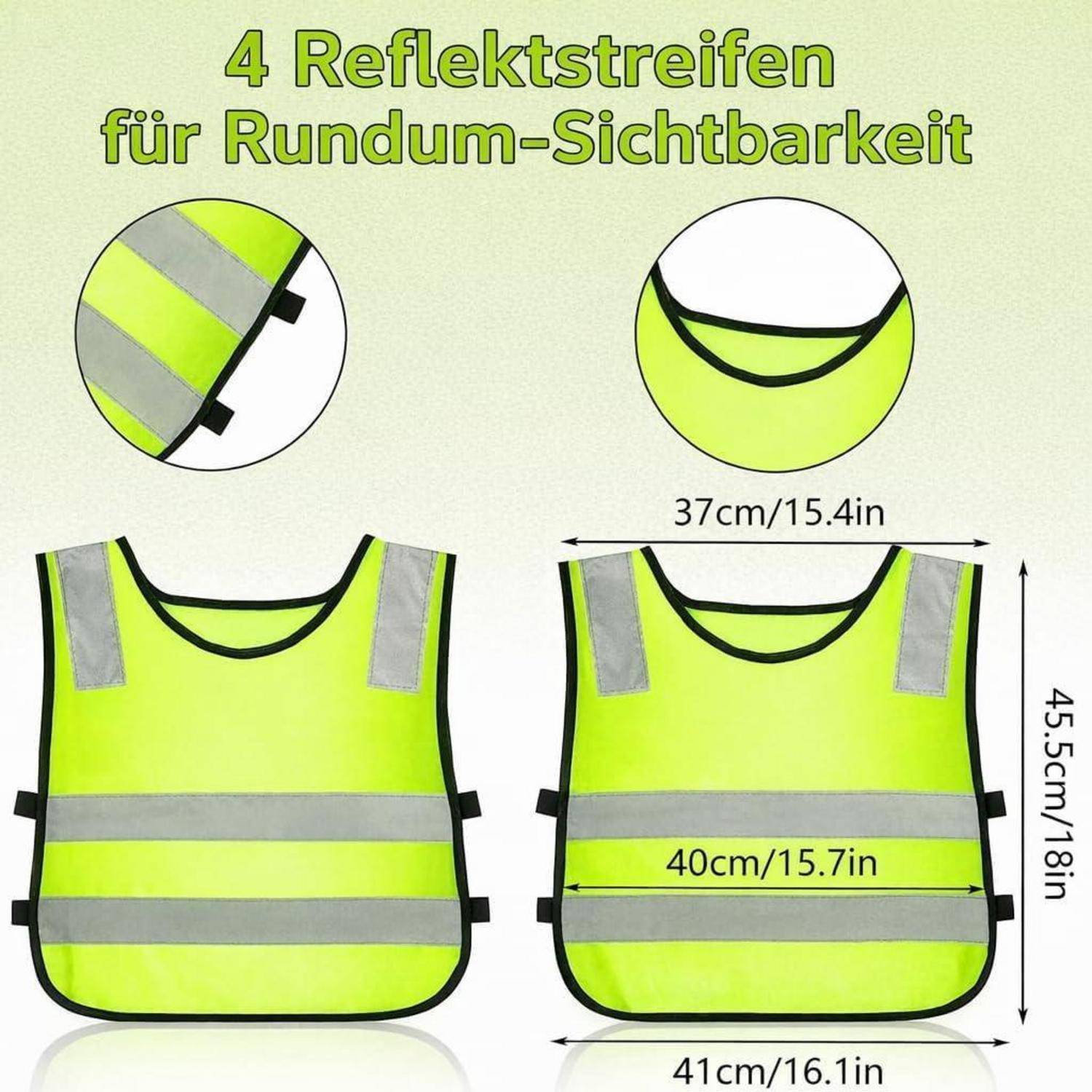 Produktabbildung einer fluoreszierend gelben Sicherheitsweste mit 4 reflektierenden Streifen für Rundumsichtbarkeit, gezeigt von vorne und hinten mit Größenmessungen.