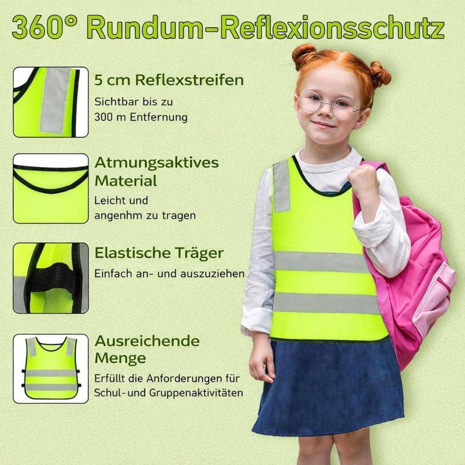 Anzeige zeigt ein Kind, das eine neongelbe 360°-Reflektionssicherheitsweste mit deutschen Funktionsleisten trägt: 5 cm Reflektionsstreifen, atmungsaktives Material, elastische Riemen, Verwendung in Schulen/Gruppen.