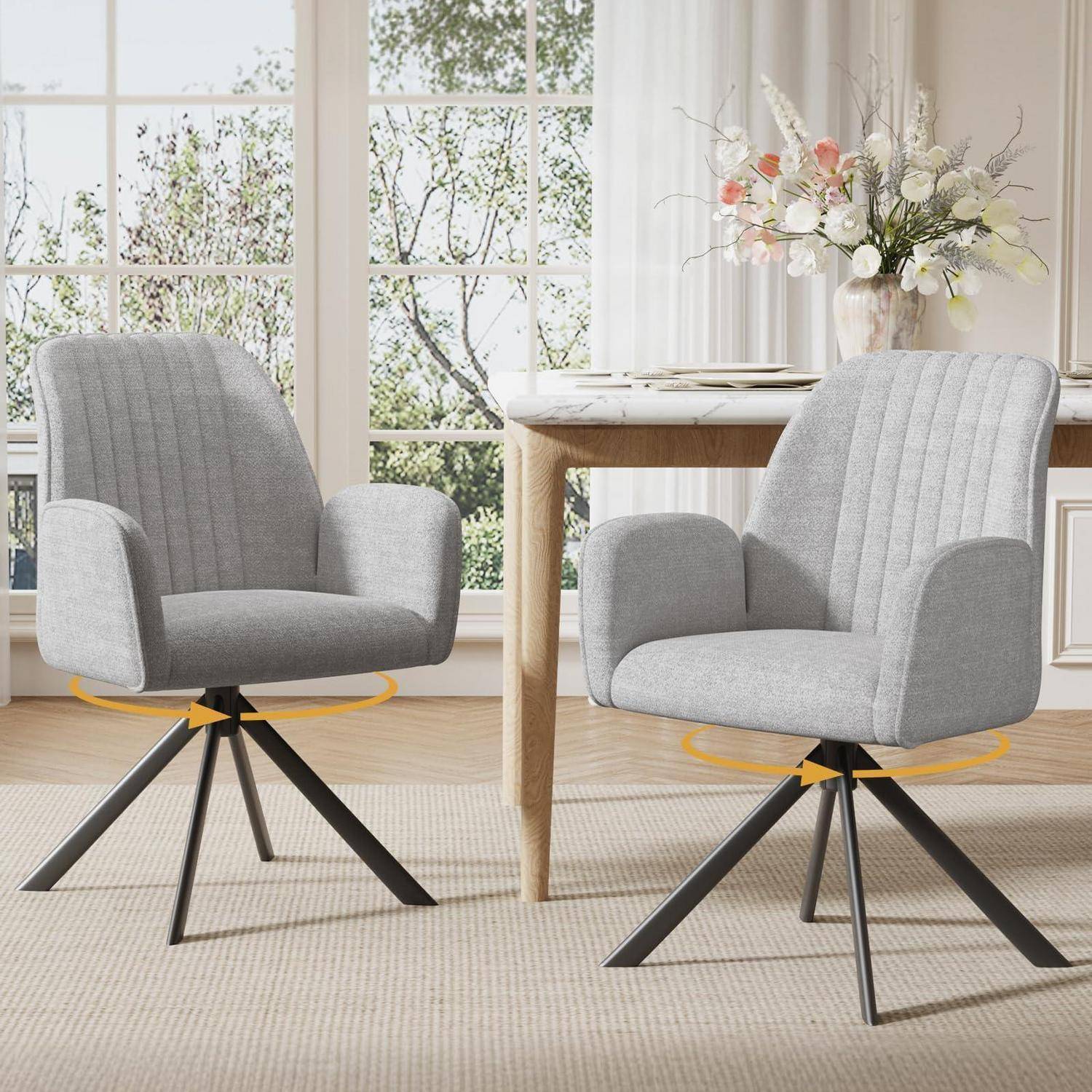 2er Set Esszimmerstühle Drehbar mit Armlehne, 360°Drehbar Polsterstuhl Küchenstuhl aus Chenille, Stühle Esszimmer Schminkstuhl Drehstuhl mit Metal