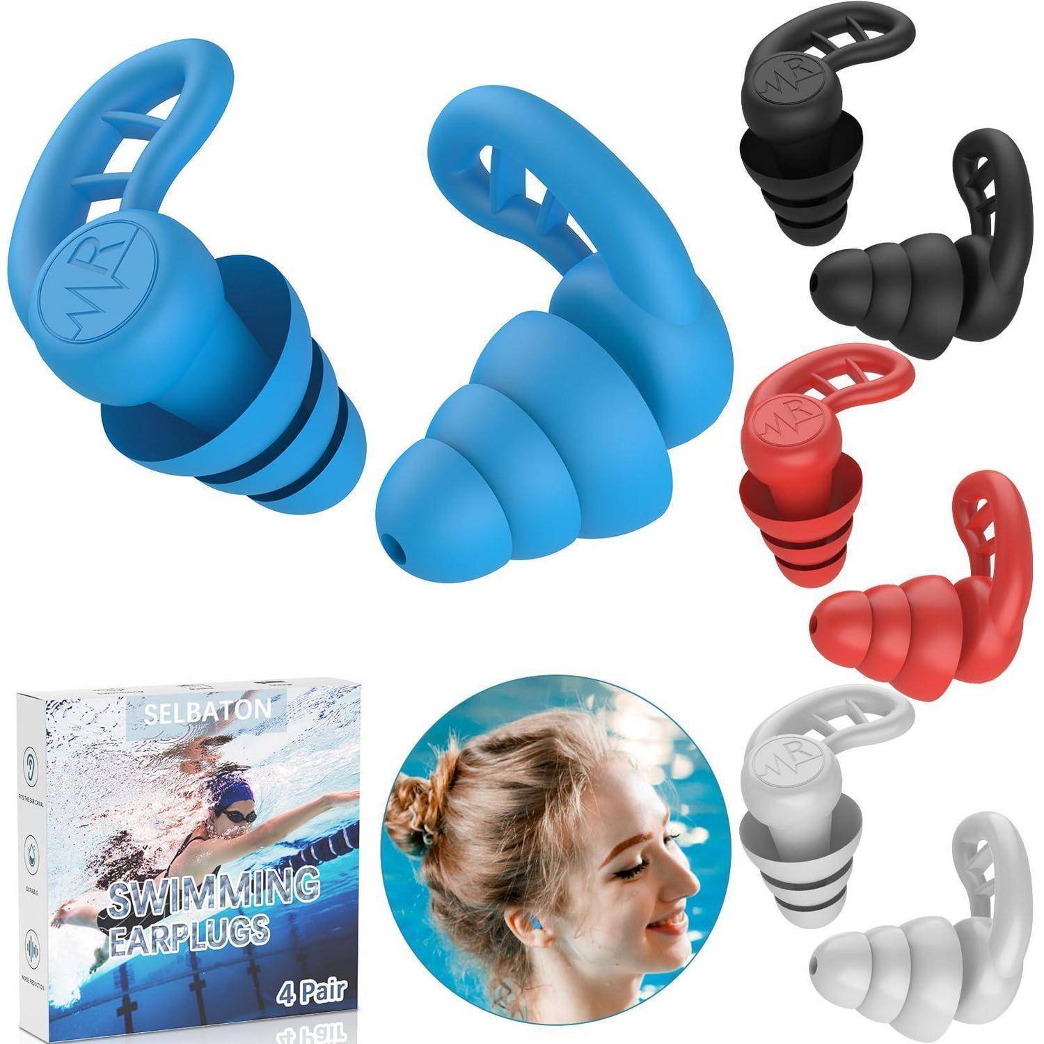 Produktbild mit Selbaton-Schwimm-Ohrstöpseln in Blau, Schwarz, Rot und Weiß, sowie Verpackung und einer Frau, die sie im Wasser trägt.