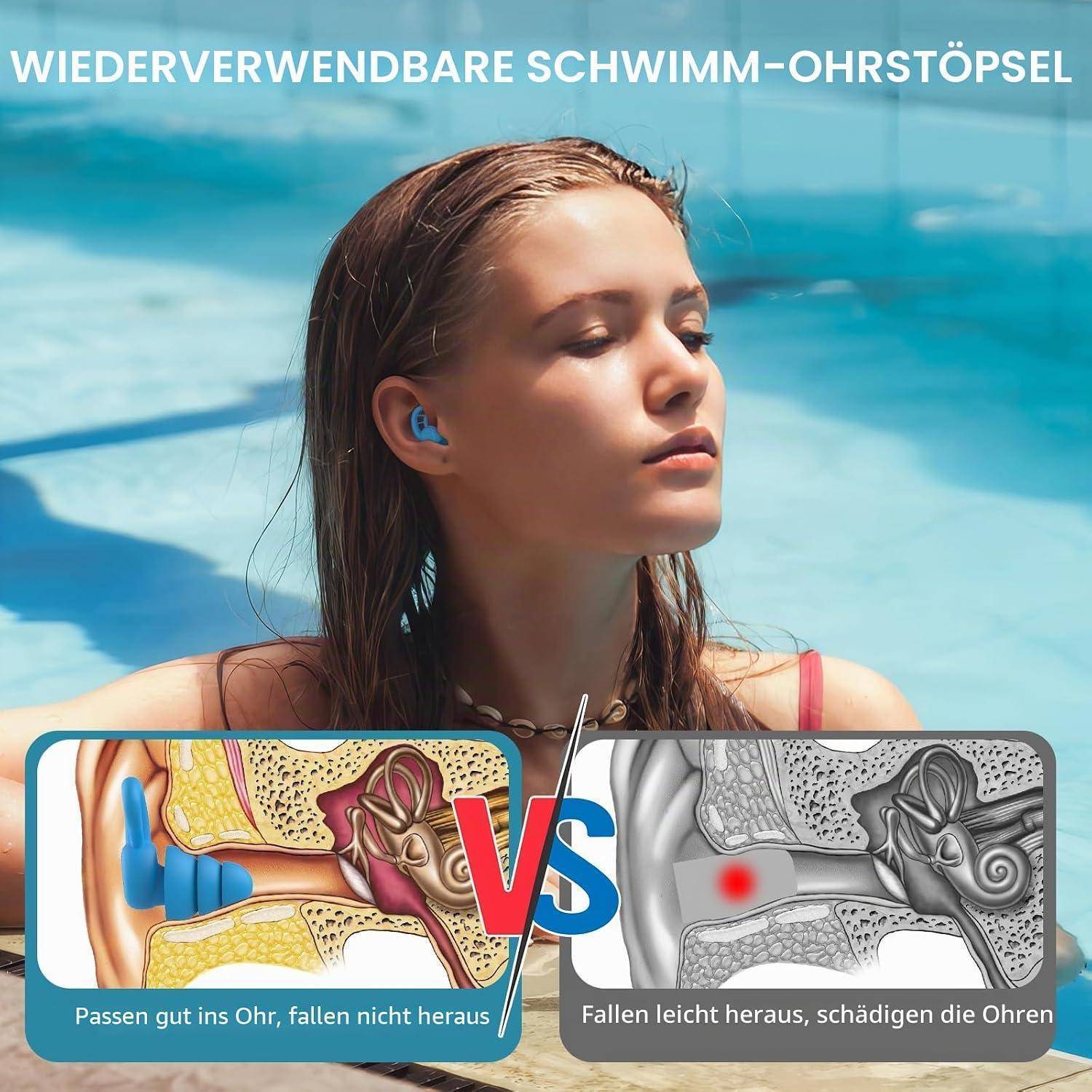 Die Anzeige zeigt wiederverwendbare Schwimm-Ohrstöpsel; ein Mädchen trägt einen im Schwimmbad, mit nebeneinander angeordnetem Diagramm zum Vergleich eines sicher sitzenden Ohrstöpsels gegenüber einem, der herausfällt und die Ohren verletzen kann.
