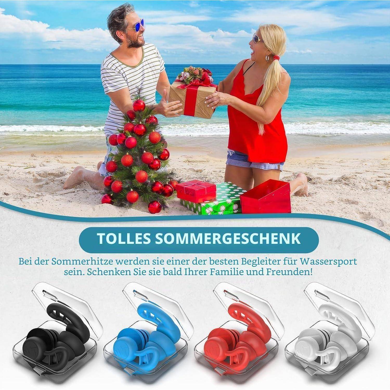 Strandurlaub-Anzeige, die einen Mann und eine Frau zeigt, die sich ein Geschenk austauschen; die Überschrift lautet „TOLLES SOMMERGESCHENK