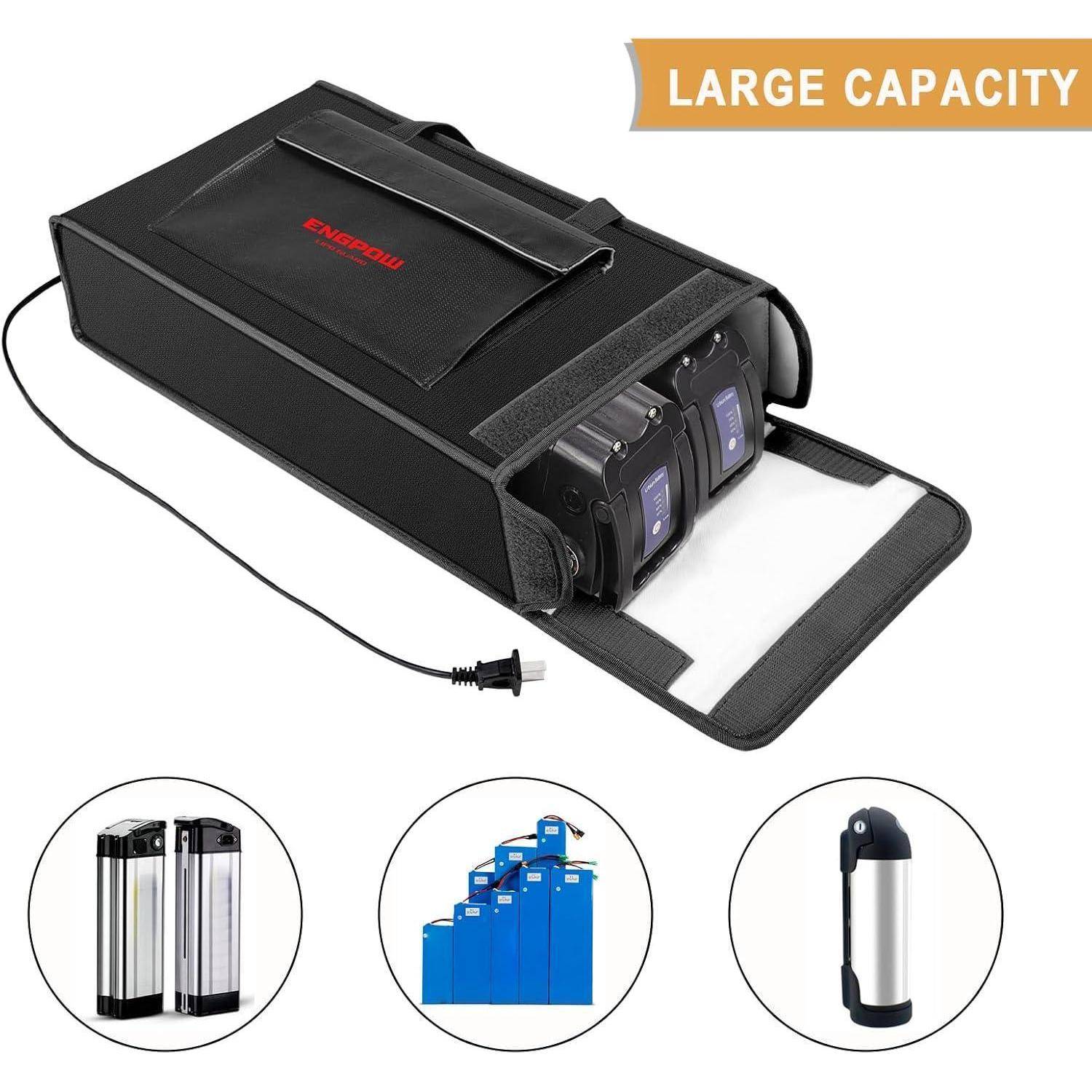 Akku Tasche Ebike Batterie Tasche Feuerfeste bis 2000°F Explosionsgeschützte Lipo Bag kompatibel mit 2 E-Bike Akkus Dick Stoßfester Sichere Batteri
