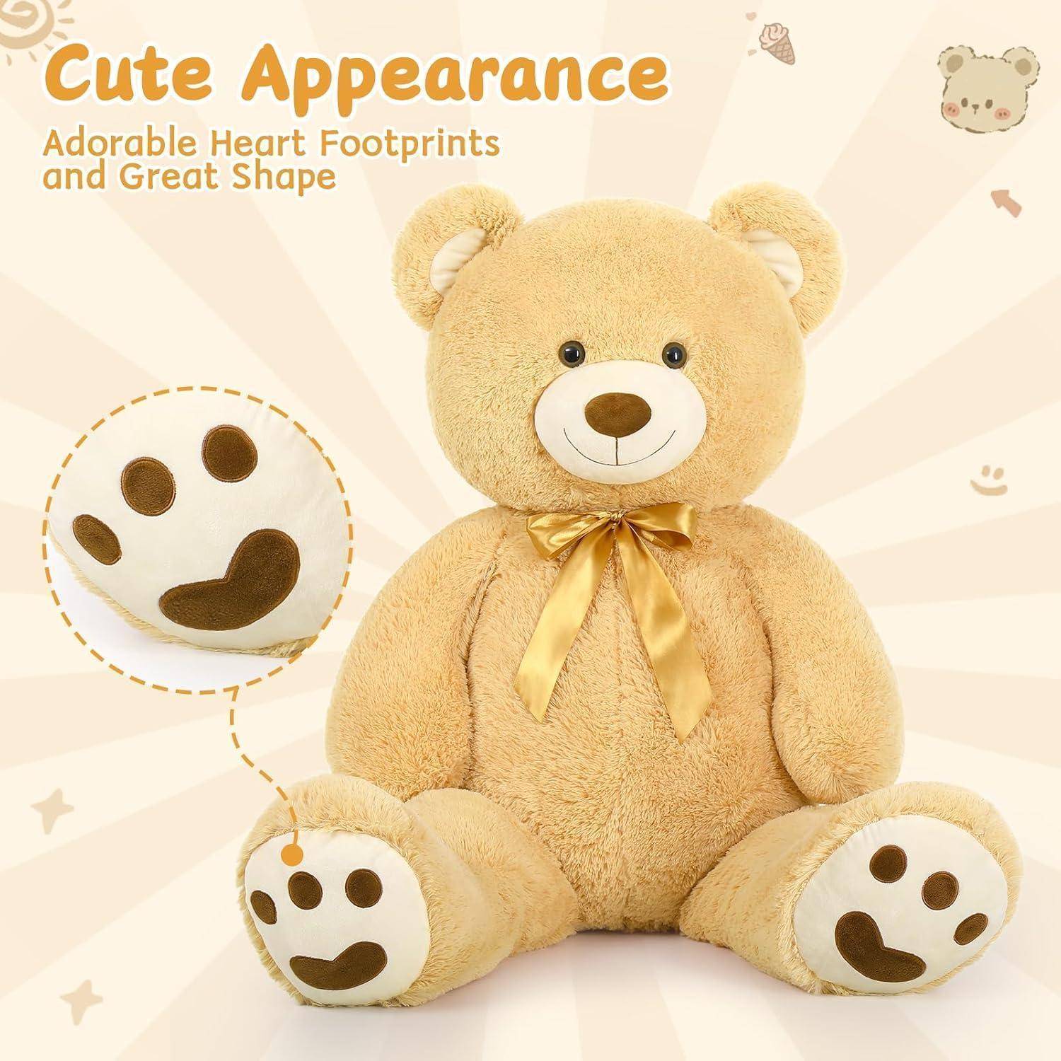 Ein flauschiger beigefarbener Teddybär mit goldenem Band sitzt frontal, mit Vergrößerungsausschnitten, die herzförmige Pfotenabrücke und den Text 