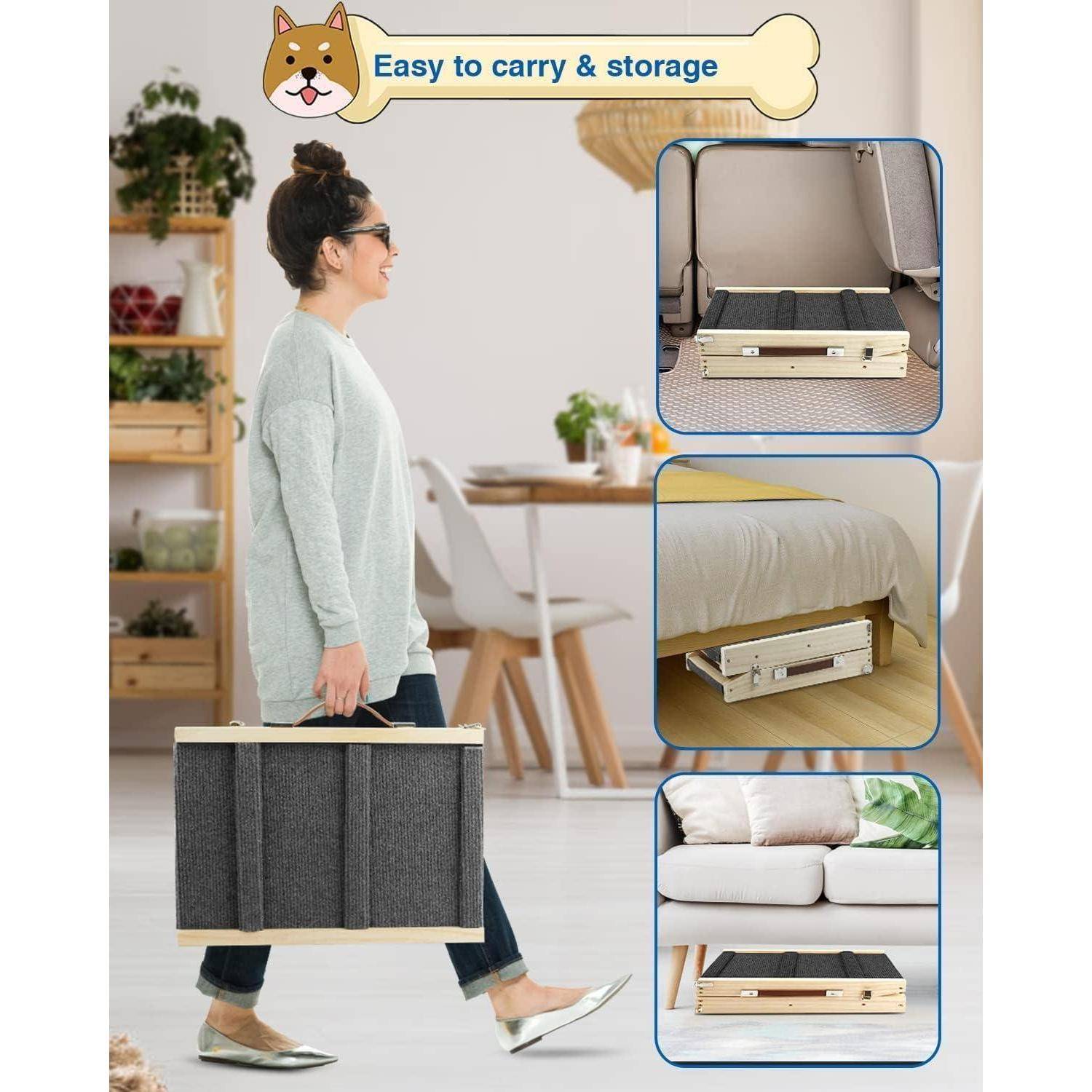 Eine Frau trägt eine faltbare, kofferähnliche Lagerkiste im Innenbereich; Detailbilder zeigen, wie sie unter einem Bett, auf einem Regal und neben einem Sofa gelagert wird.