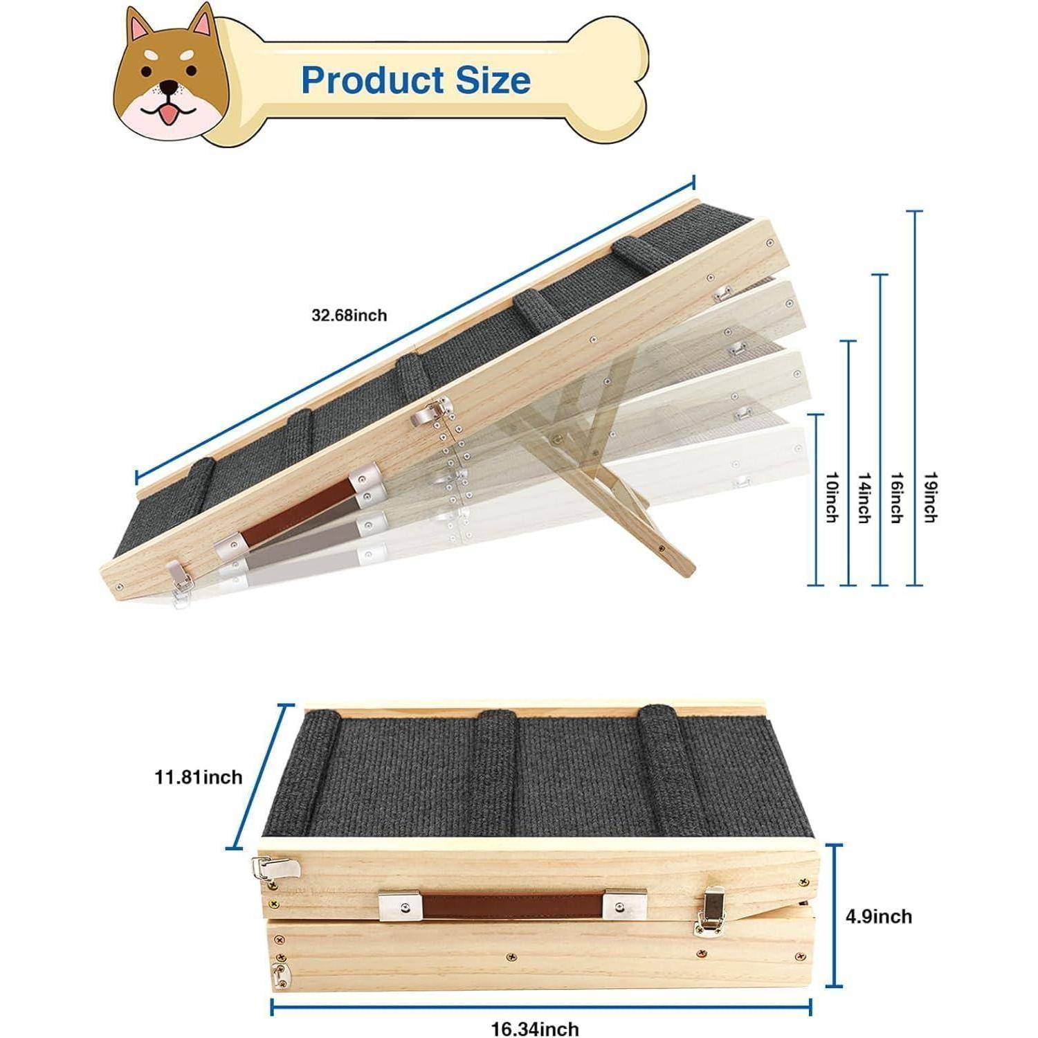 Produktgrößendiagramm einer klappbaren Holzhaustierrampe: 32,68 Zoll lang, 11,81 Zoll breit, 4,9 Zoll hoch, mit vier Höheneinstellungen von 10 bis 19 Zoll.