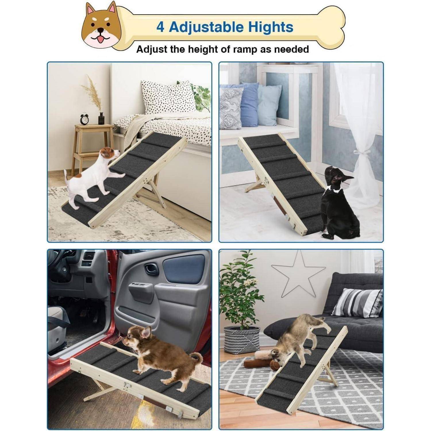 Klappbare Hunderampe aus Holz -Hundetreppe Höhenverstellbar 25-48cm mit Rutschfester Matte für Bett & Sofa | Leichte Haustierrampe auch für Katzen