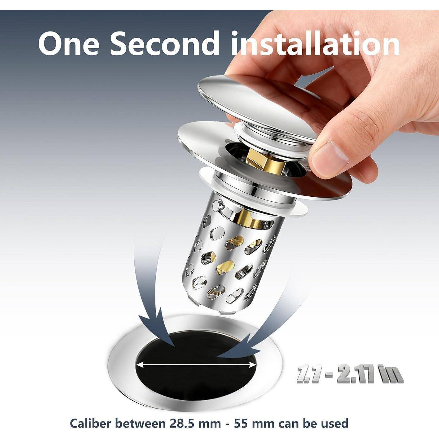 Hand führt einen Abfluss-Stöpsel in ein Spülbeckenablauf ein, beschriftet mit „One Second installation