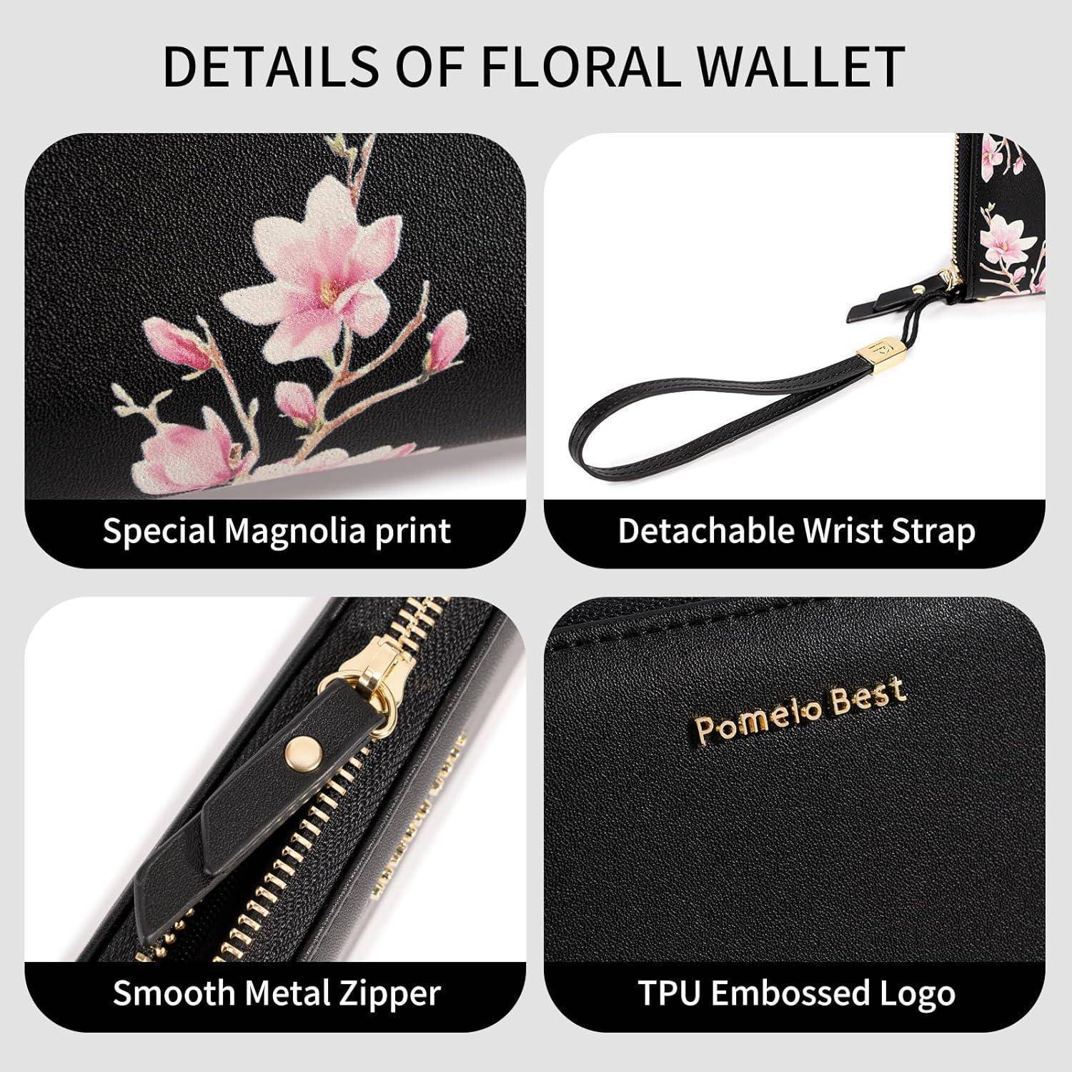 Vier-Panel-Produktbild mit dem Titel „Details der Blumengeldtasche" zeigt Magnoliendruck, abnehmbares Handgelenksband, glatter Metallreißverschluss und geprägte „Pomelo Best""-Logo.