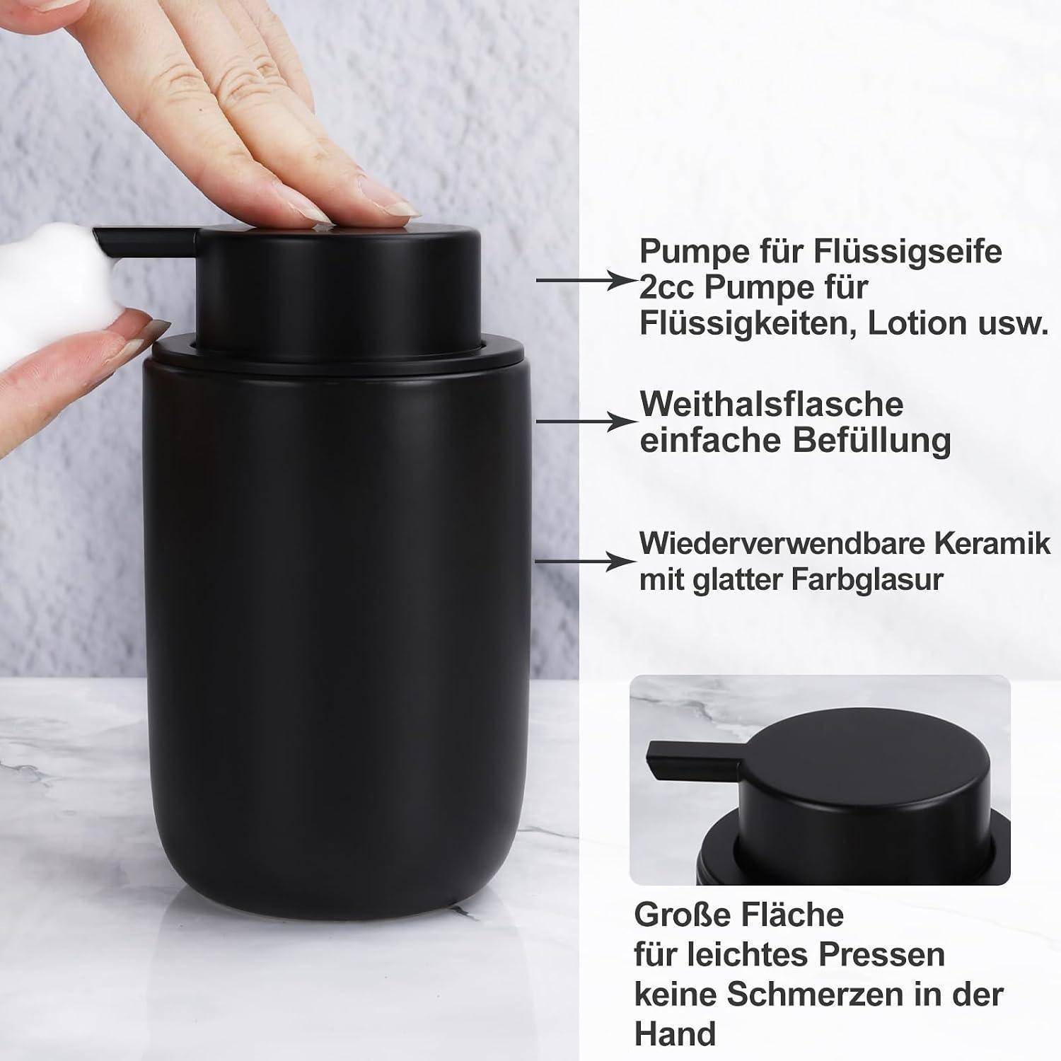 Schwarzer Keramik-Seifenspender mit Pumpe; Deutsche Beschriftungen heben eine 2-ml-Pumpe für Flüssigkeiten/Lotion, breite Öffnung zum einfachen Befüllen, wiederverwendbare glatte Glasur und große Druckfläche hervor.