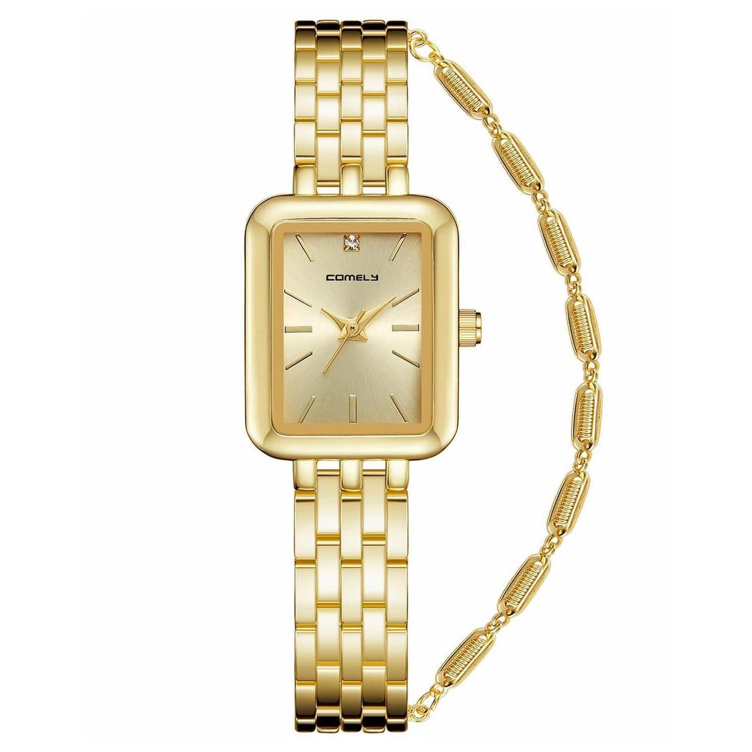 Goldene COMELY Armbanduhr mit rechteckigem Gehäuse, passendem Metallarmband und angehängter Dekorkette auf weißem Hintergrund.