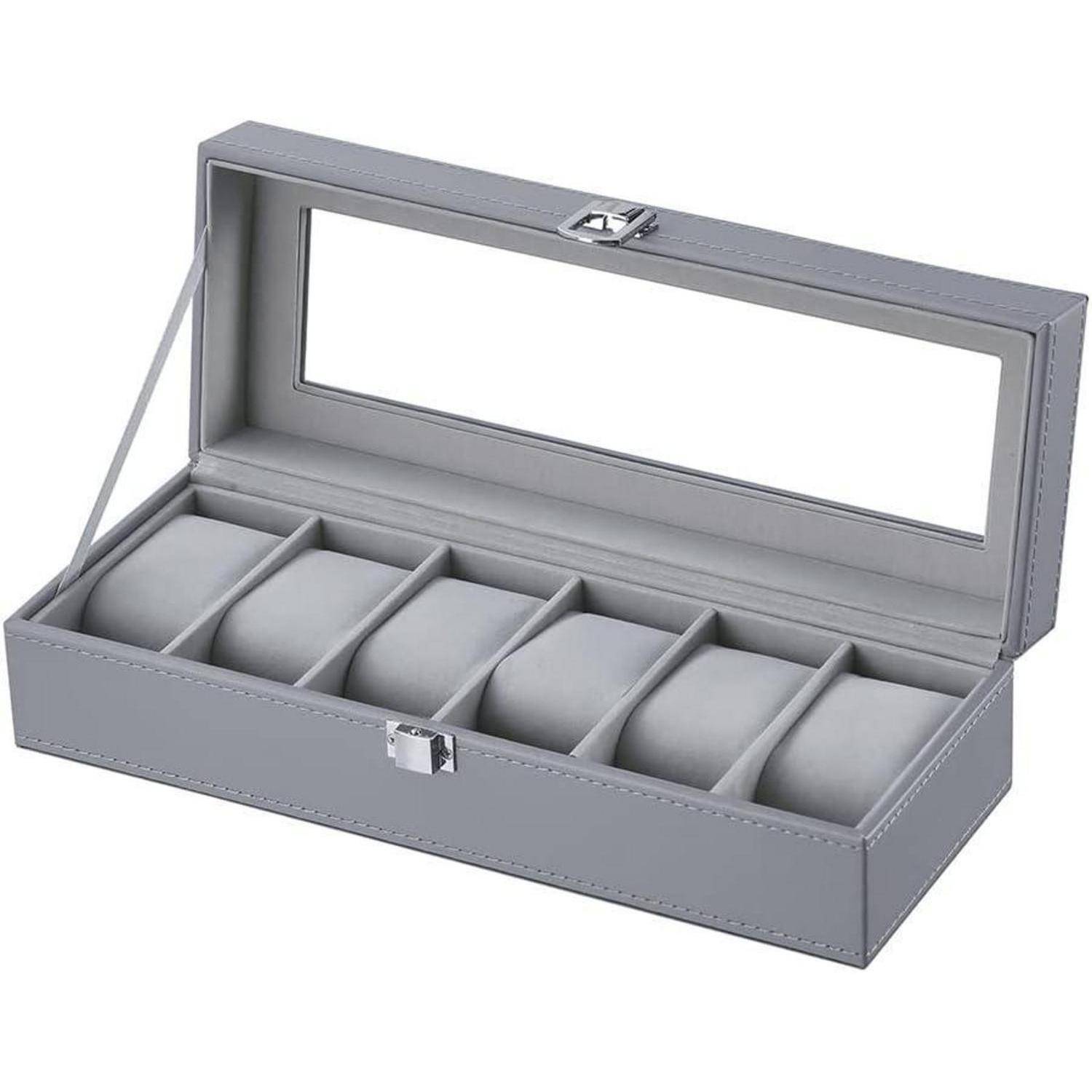 Graue Uhrenaufbewahrungsbox mit sechs Fächern und klappbarem transparentem Deckel, mit gepolsterten Fächern zur Uhrenorganisation.