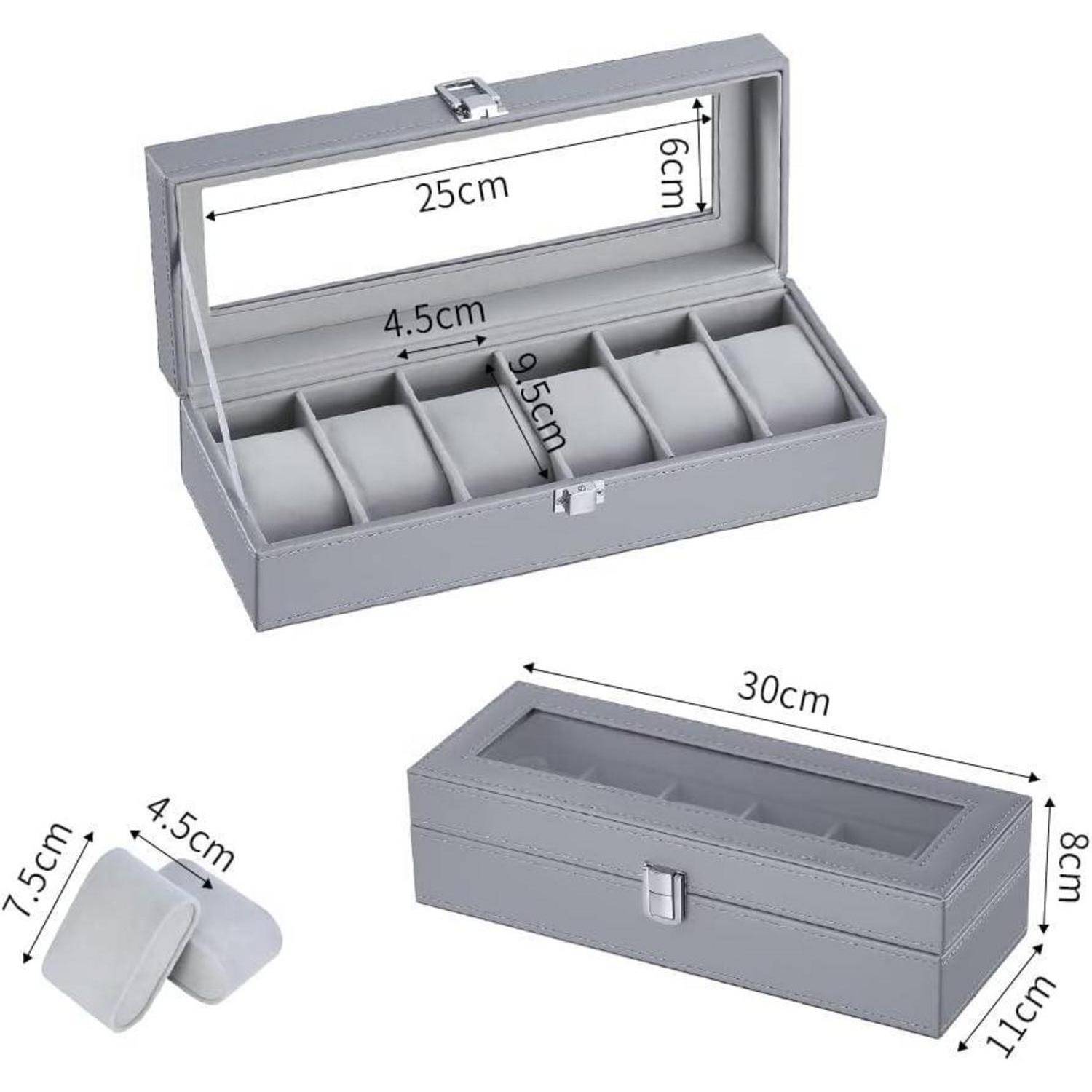 Grauer Leder-Uhrenaufbewahrungsbox mit Glasdeckel, in der mehrere Uhren aufbewahrt werden; Bild enthält beschriftete Abmessungen und einen separaten abnehmbaren Kissen-Einsatz.