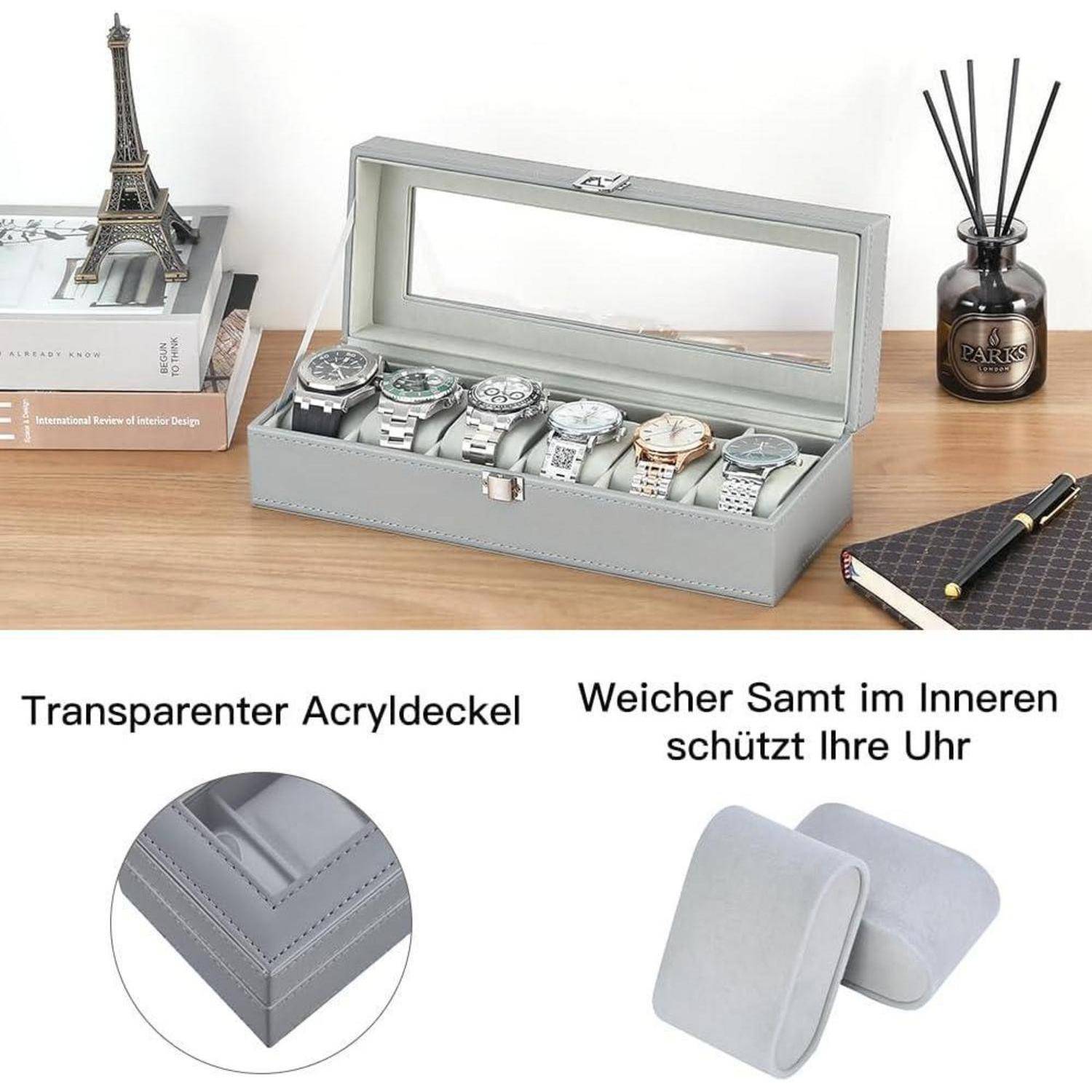 Graue Uhrenaufbewahrungsbox mit transparentem Acryldeckel und Samtstoff-Innenraum auf einem Schreibtisch, in dem mehrere Armbanduhren aufbewahrt sind; eingefügter Text hebt 
