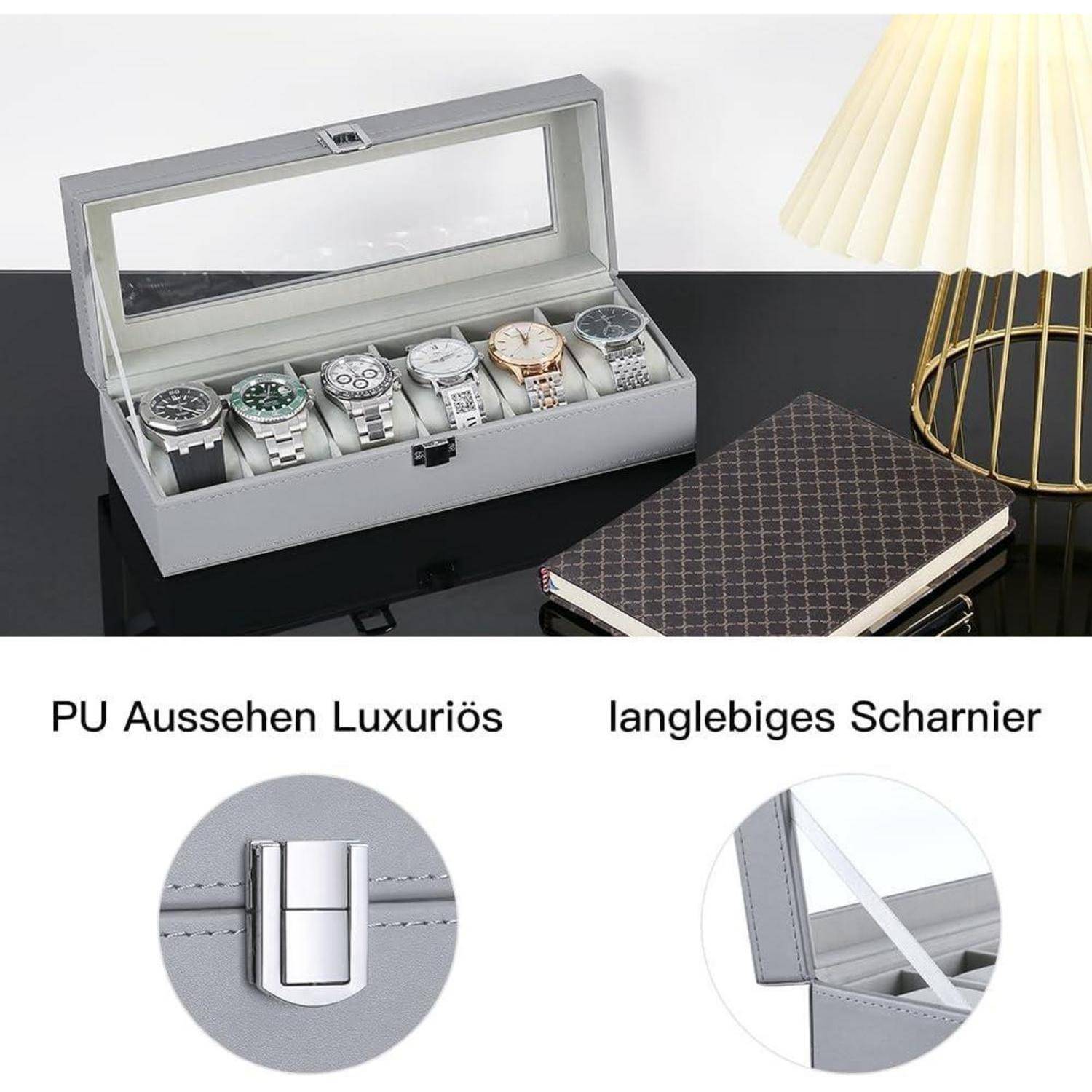 Silbernen Uhrenaufbewahrungsbox mit Glasdeckel für sechs Armbanduhren, gezeigt mit deutschen Beschriftungen „PU Aussehen Luxuriös
