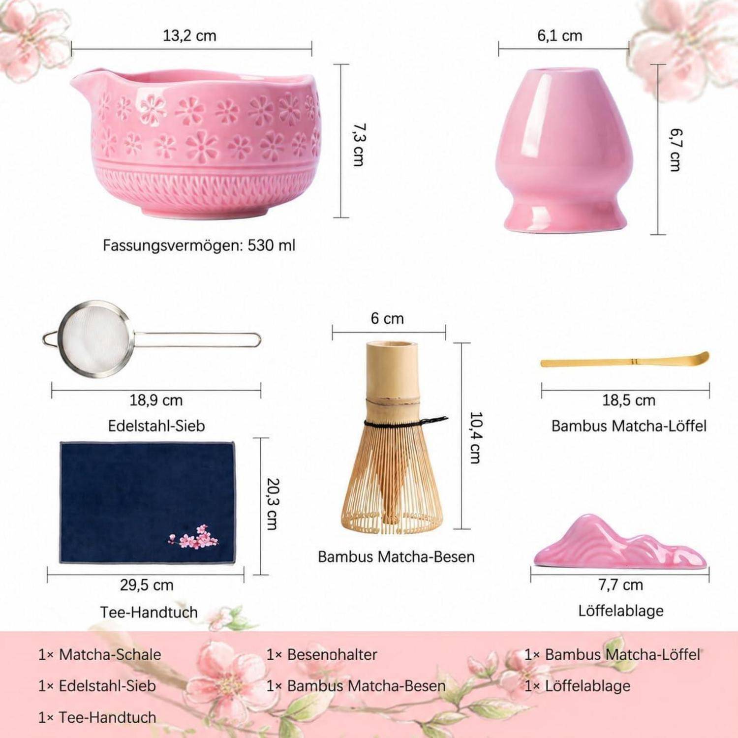 Matcha-Teeset mit illustrierten Teilen und Abmessungen: rosa Schale mit 530 ml Fassungsvermögen, Besen-Halter, Edelstahlsieb, Bambusbesen, Bambuslöffel, Teetuch und Löffelablage.