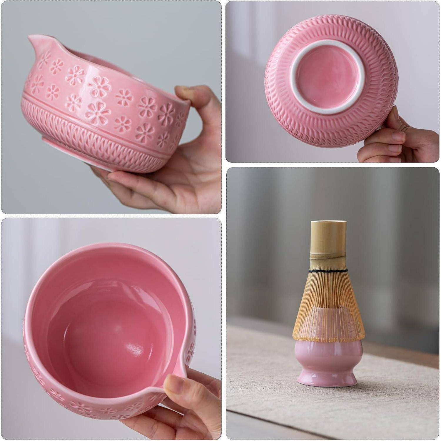 Die Collage zeigt eine rosa Keramik-Teeschale aus mehreren Blickwinkeln, mit strukturiertem floralem Äußeren, glänzendem rosa Inneren und einem Bambusquirl, der in der Schale ruht.