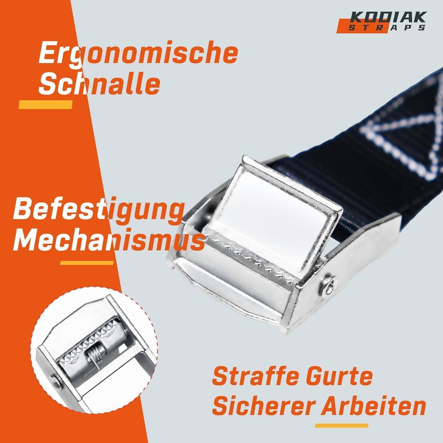 Werbebild einer KODIAK STRAPS ergonomischen Riemenschnalle, das den Befestigungsmechanismus zeigt und straffe, sichere Arbeitsriemen hervorhebt.