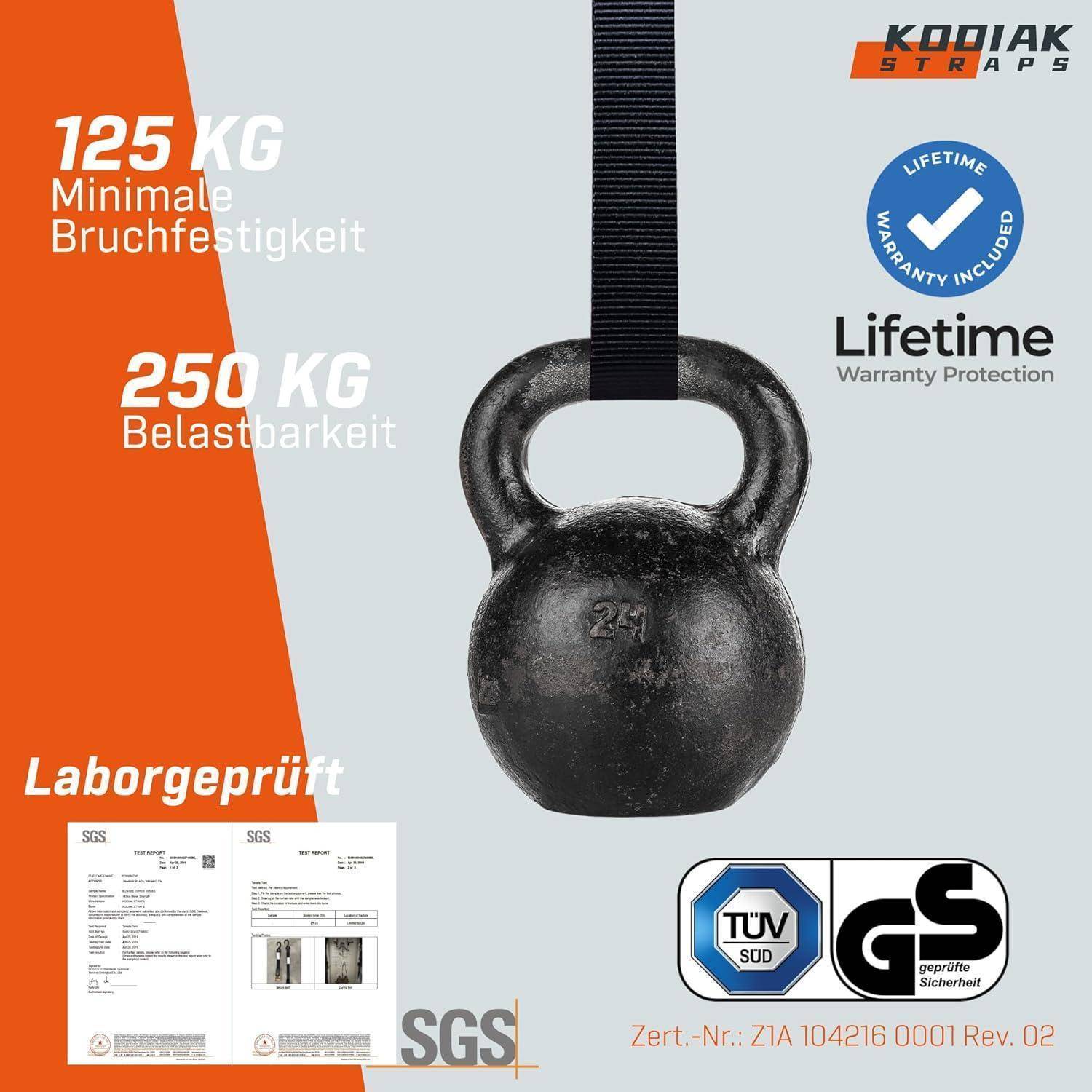 Produktabbildung eines schwarzen Kettlebell mit Griff, die eine Mindestbruchfestigkeit von 125 kg, eine Tragfähigkeit von 250 kg, lebenslange Garantie und Zertifizierungslogos zeigt.